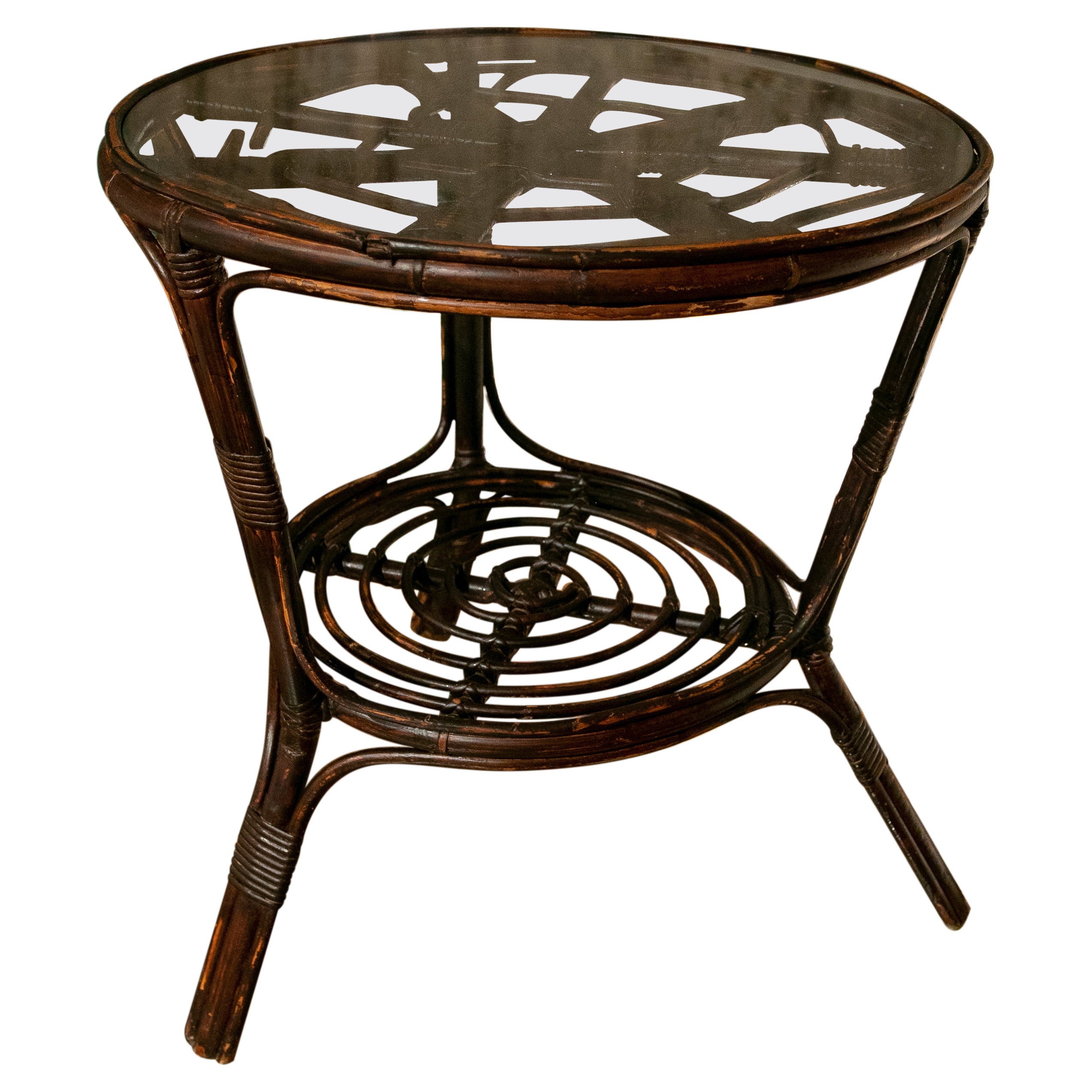 1970s Spanish Handmade Round Bamboo Sidetable For Sale