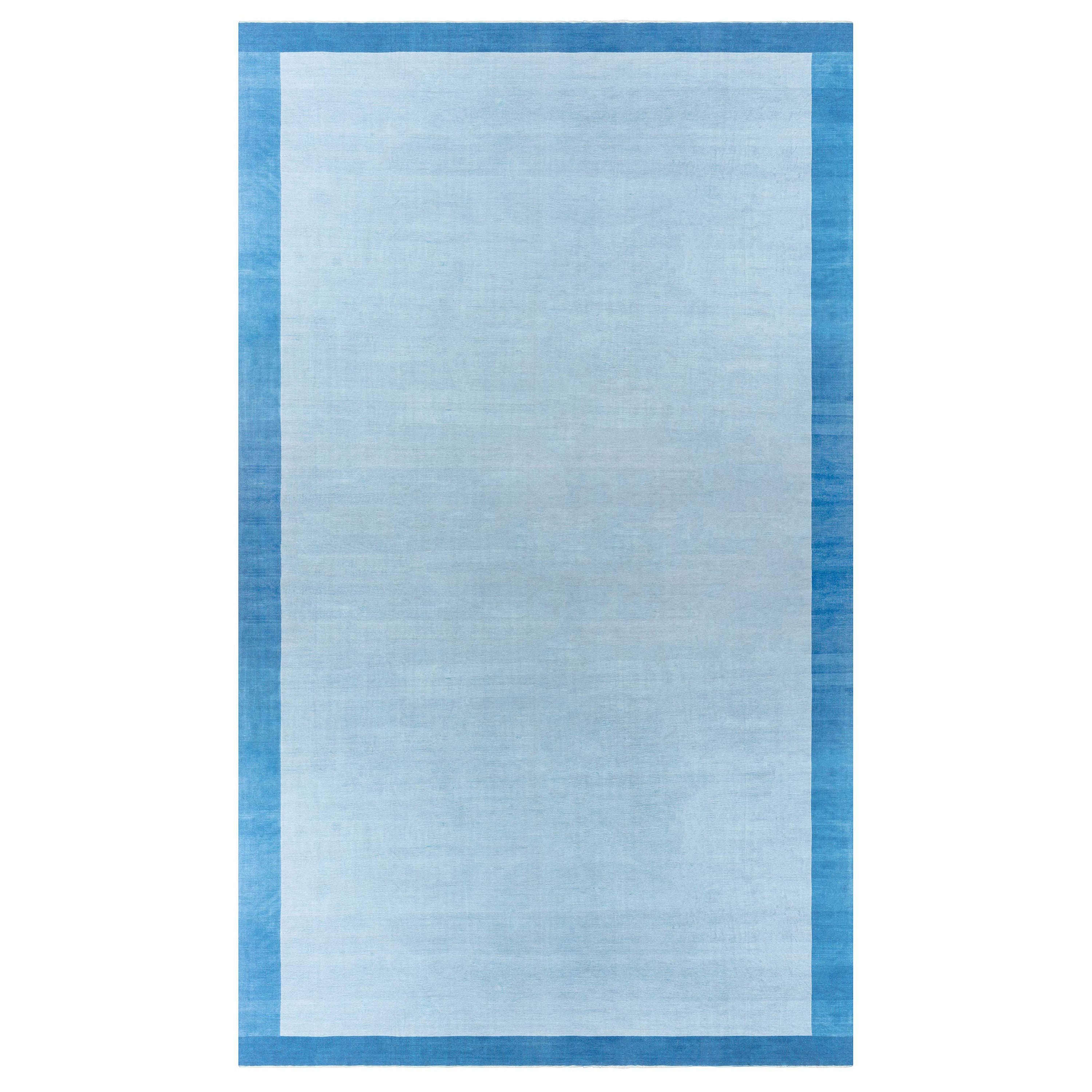 Vintage Indian Dhurrie Large Rug, Pink Open Field, Royal Blue Border