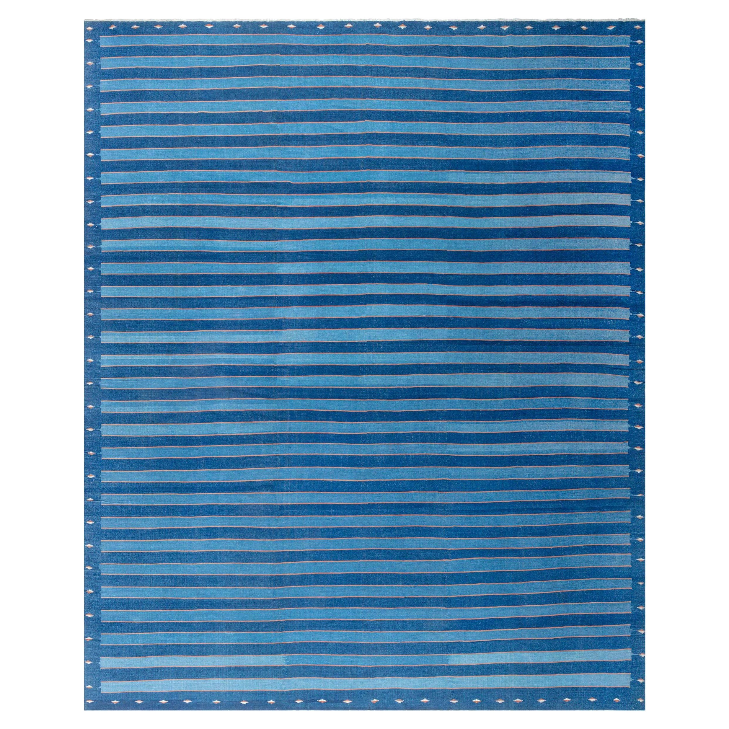 Vintage Indian Dhurrie Striped Blue Beige Rug