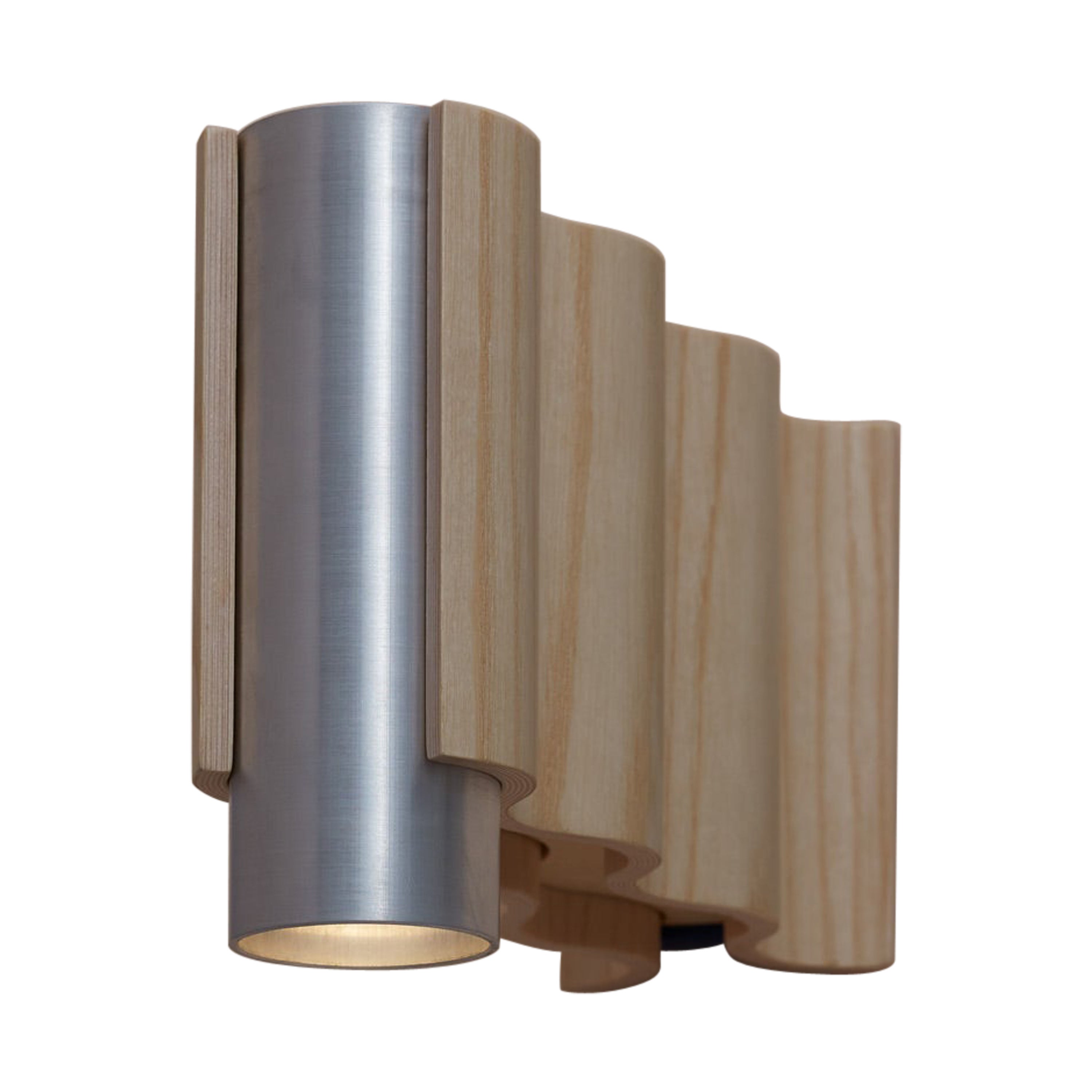 Single Spot Corrugation Sconce / Wall Light in Natural Ash and Brushed Aluminium