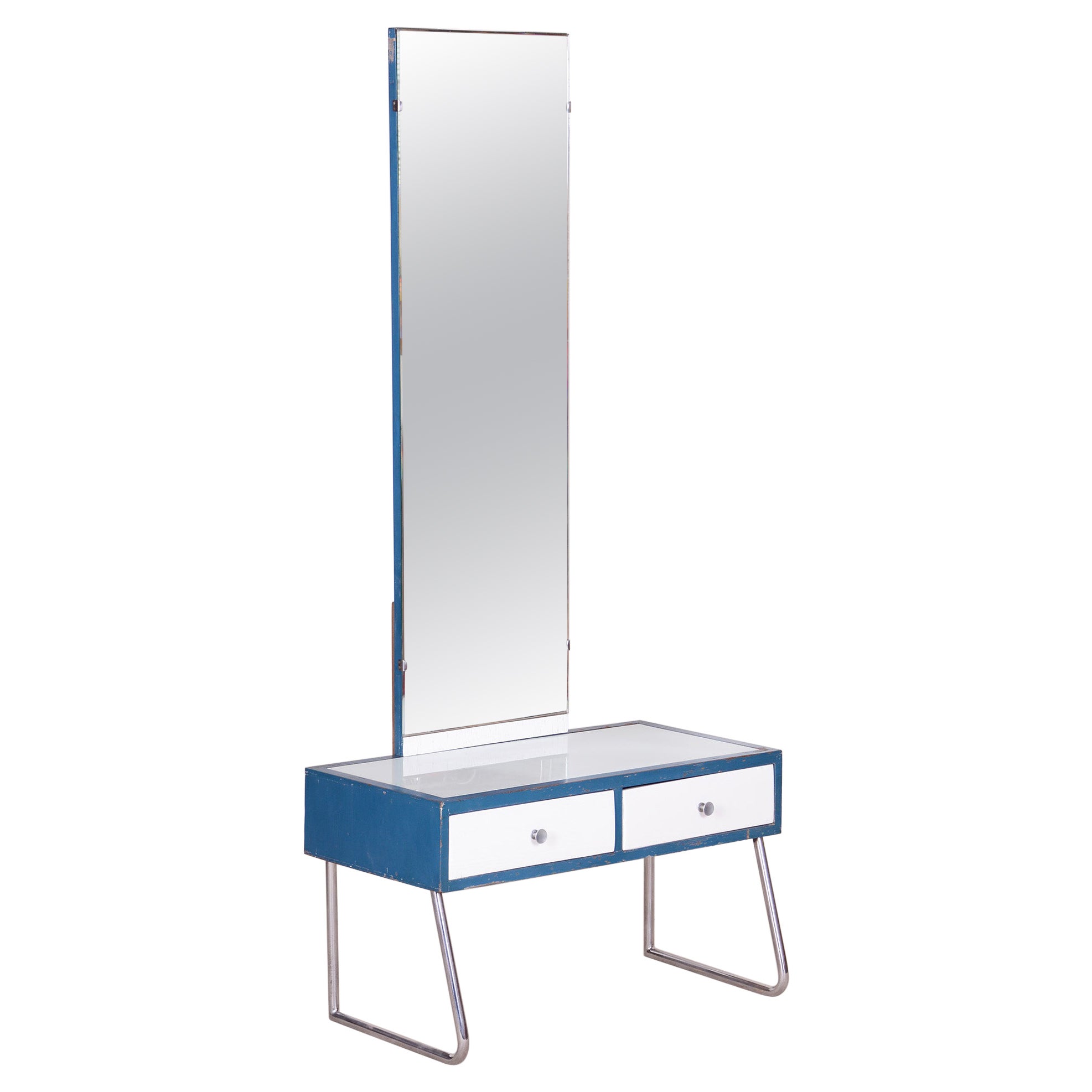 Blue and White Chrome Bauhaus Dressing Mirror, Made in 1930s, Czechia, Vichr For Sale