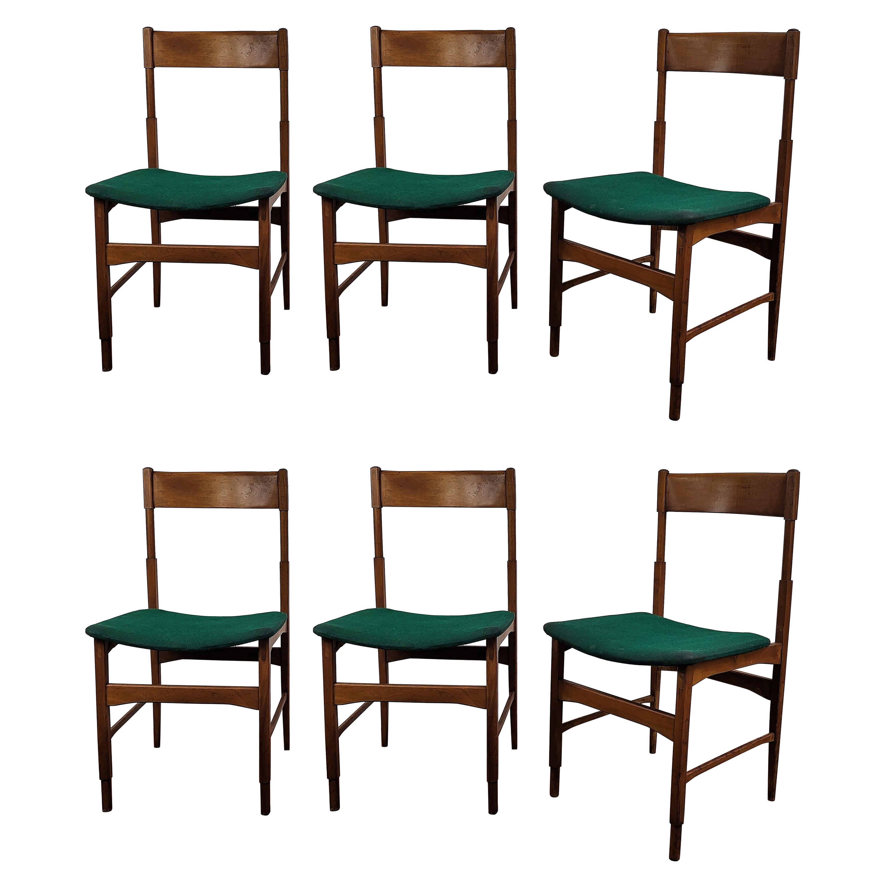 Satz von 6 gepolsterten Esszimmerstühlen aus italienischem Nussbaumholz, Mitte des Jahrhunderts