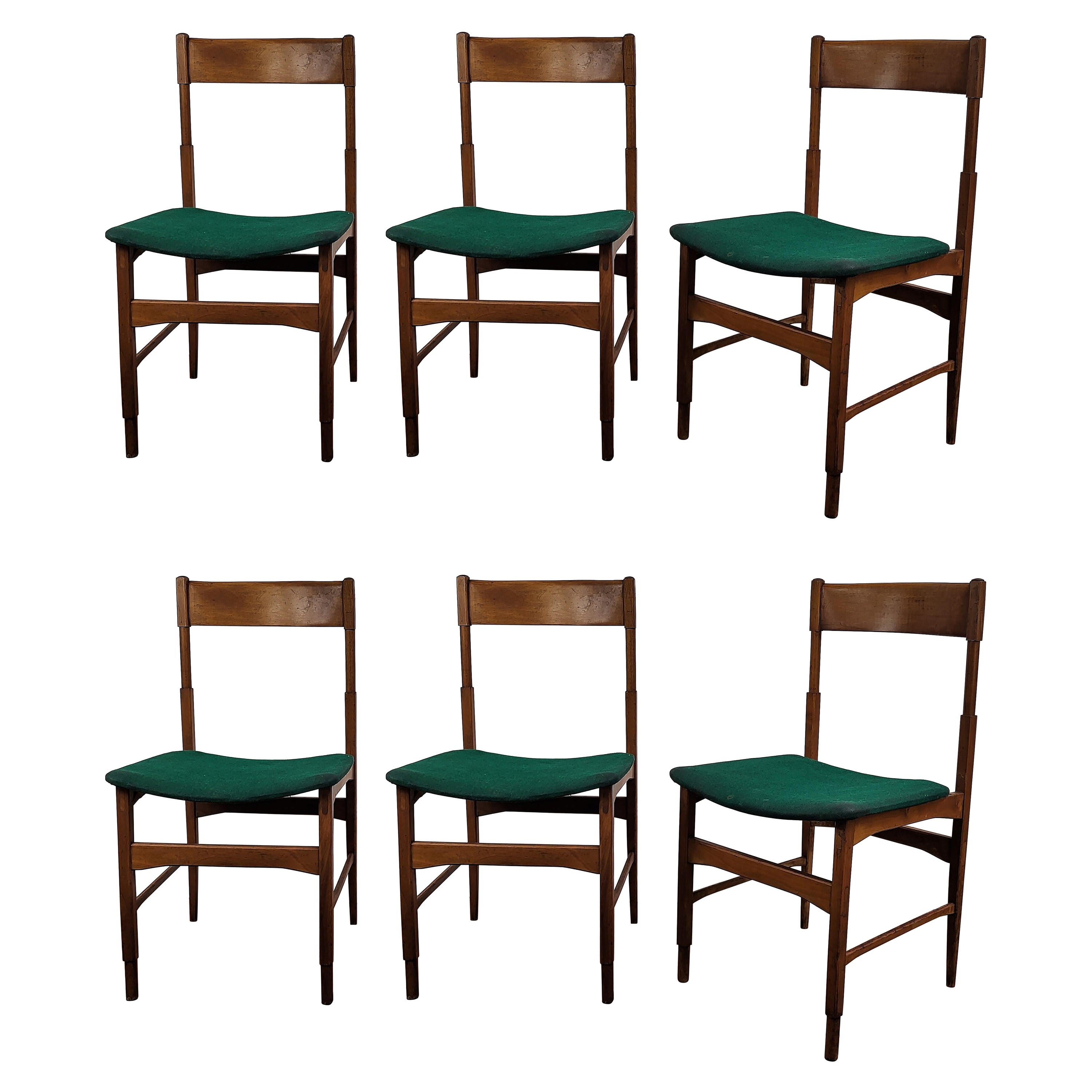 Ensemble de 6 chaises de salle à manger italiennes tapissées en bois de noyer, de style mi-siècle moderne