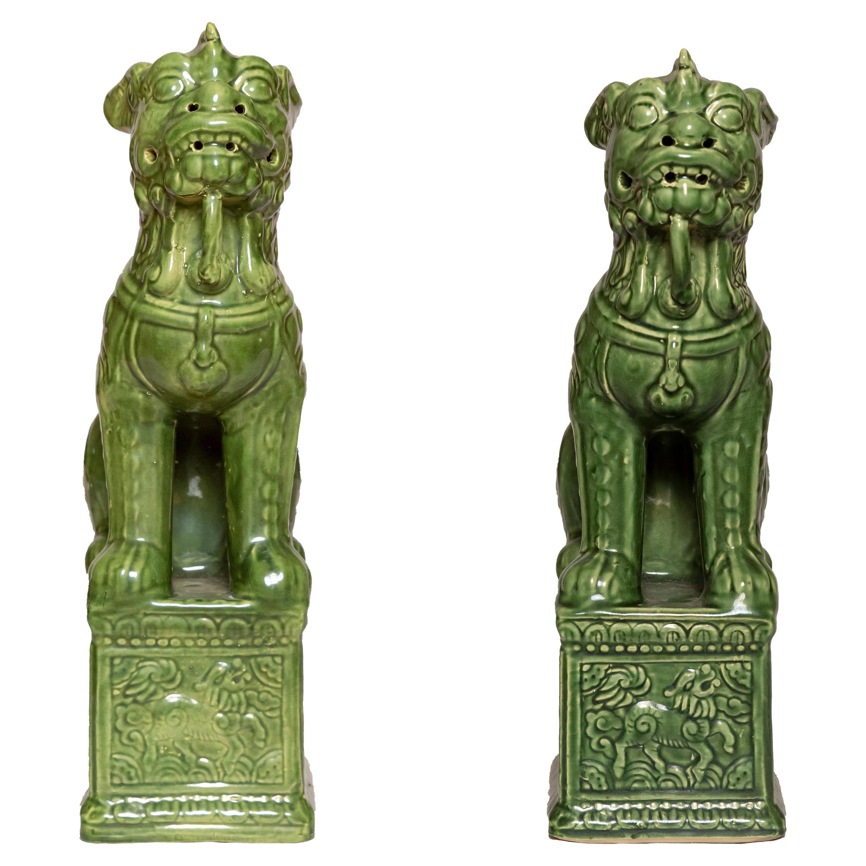 Large Pair Signed Emerald Green Ceramic Foo Dog Statues at 1stDibs
