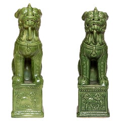 Pair of Contemporary Large Green Glaze Ceramic Foo Dog Sculptures