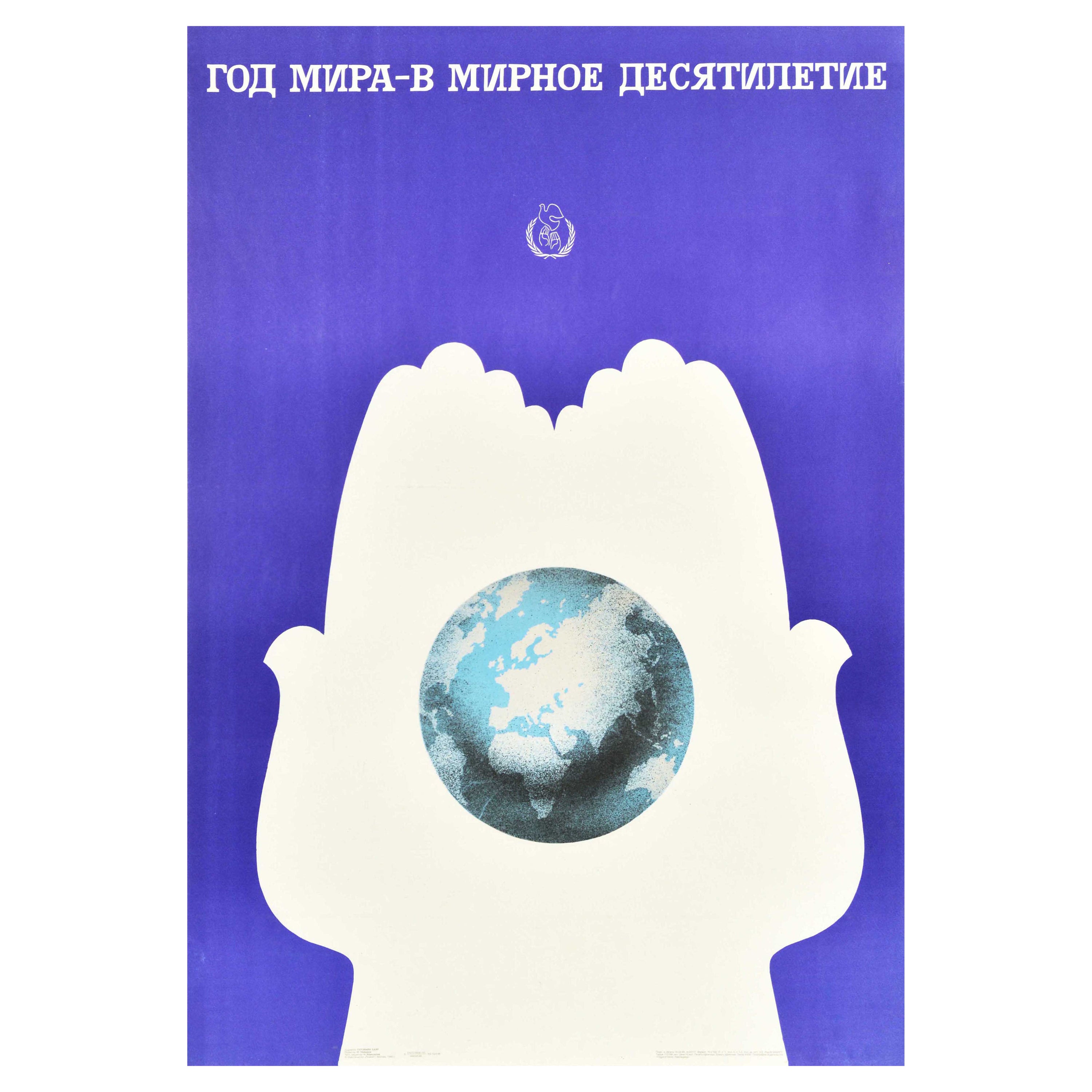 Originales sowjetisches Vintage-Poster United Nations, Jahr des Friedens, Taube, Welt, Kunst, UdSSR