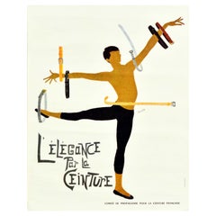 Original-Vintage-Werbeplakat L'Elegance Par La Ceinture, Gürtel-Tänzer-Design