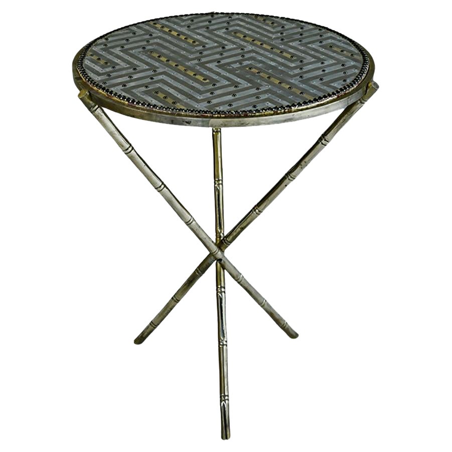 Contemporary Valentina Giovando Side Table Brass Wood Fabric Gold Silver For Sale