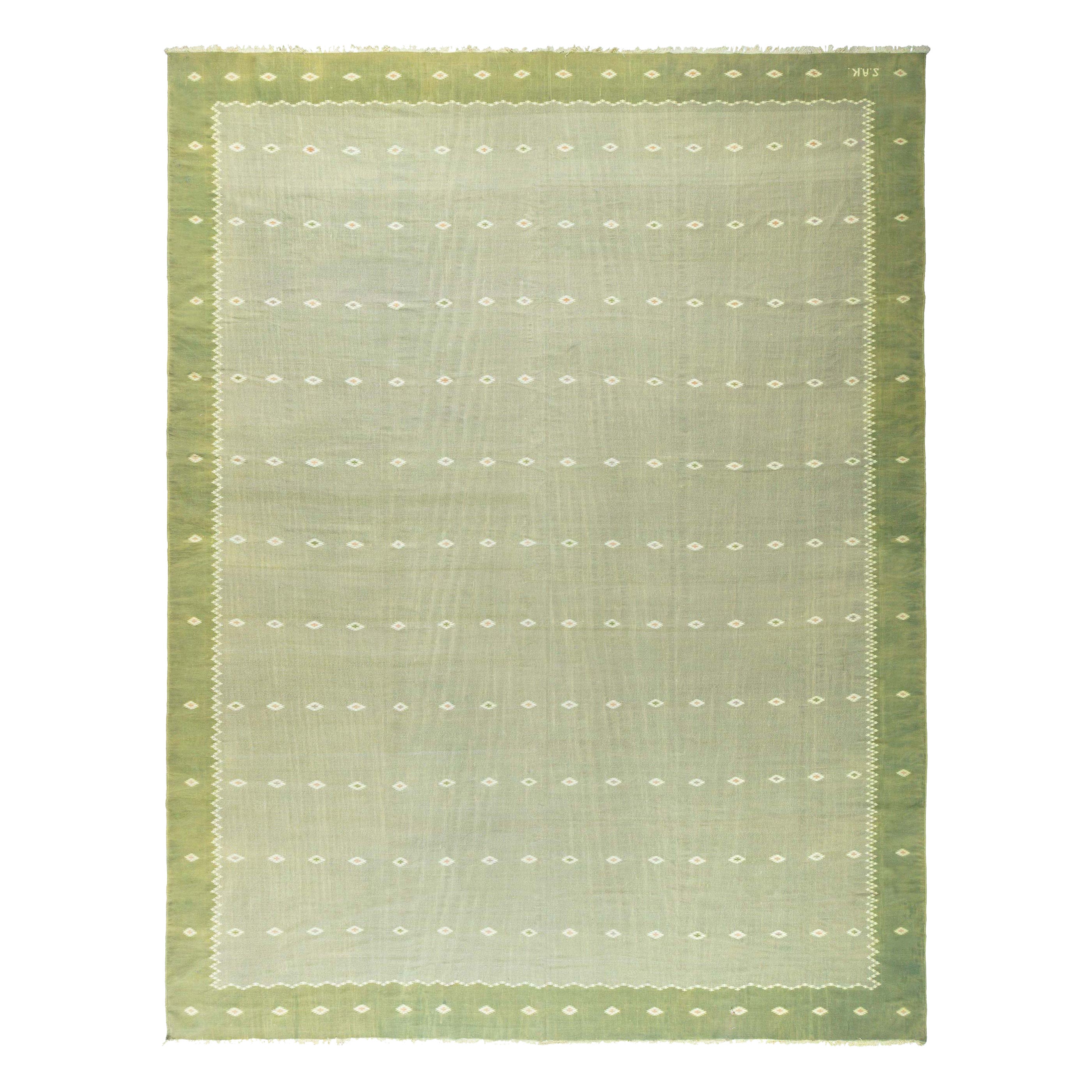 Vintage Indian Dhurrie Green Beige Rug For Sale at 1stDibs