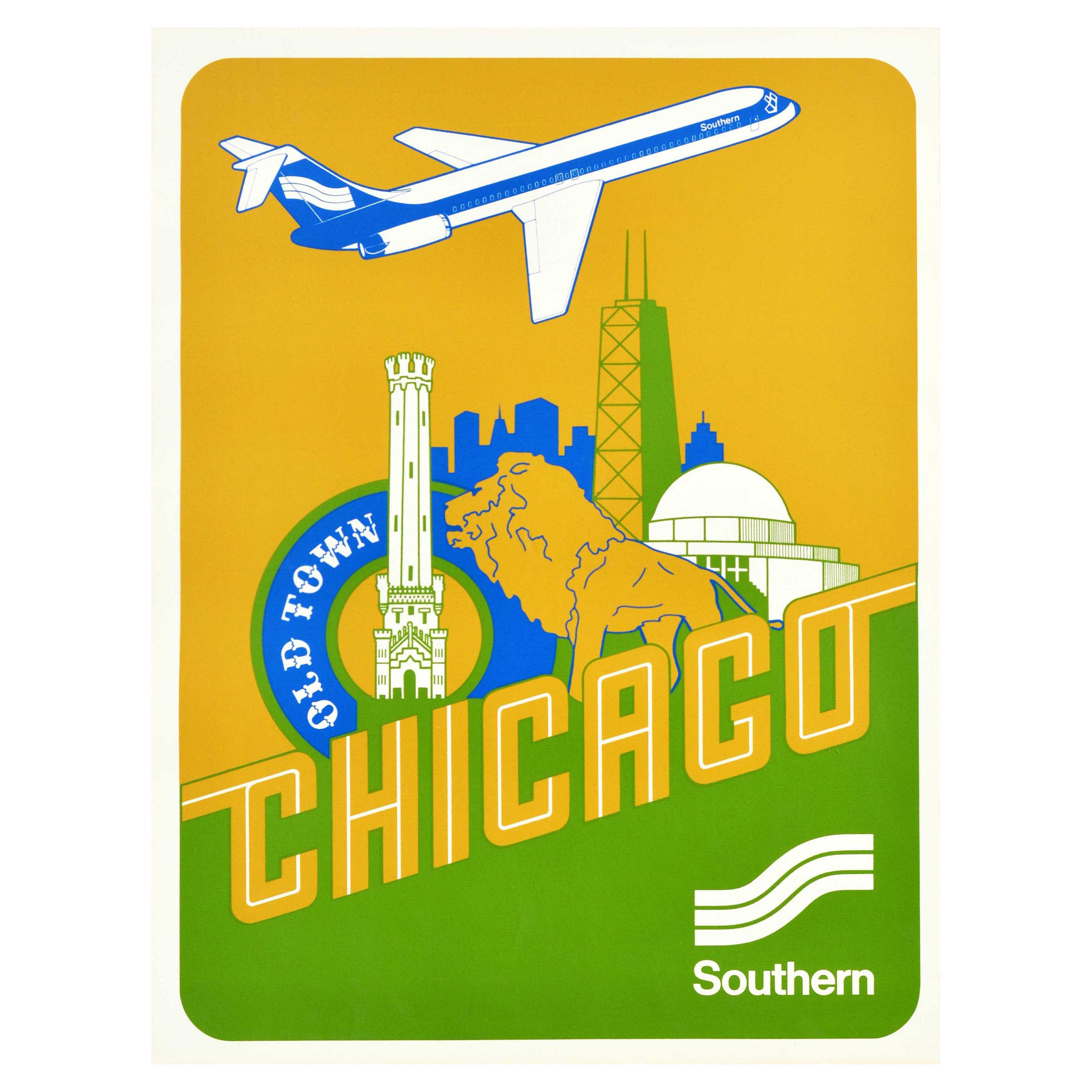 Original Vintage Travel Poster Chicago Southern Airways Illinois Old Town Lion