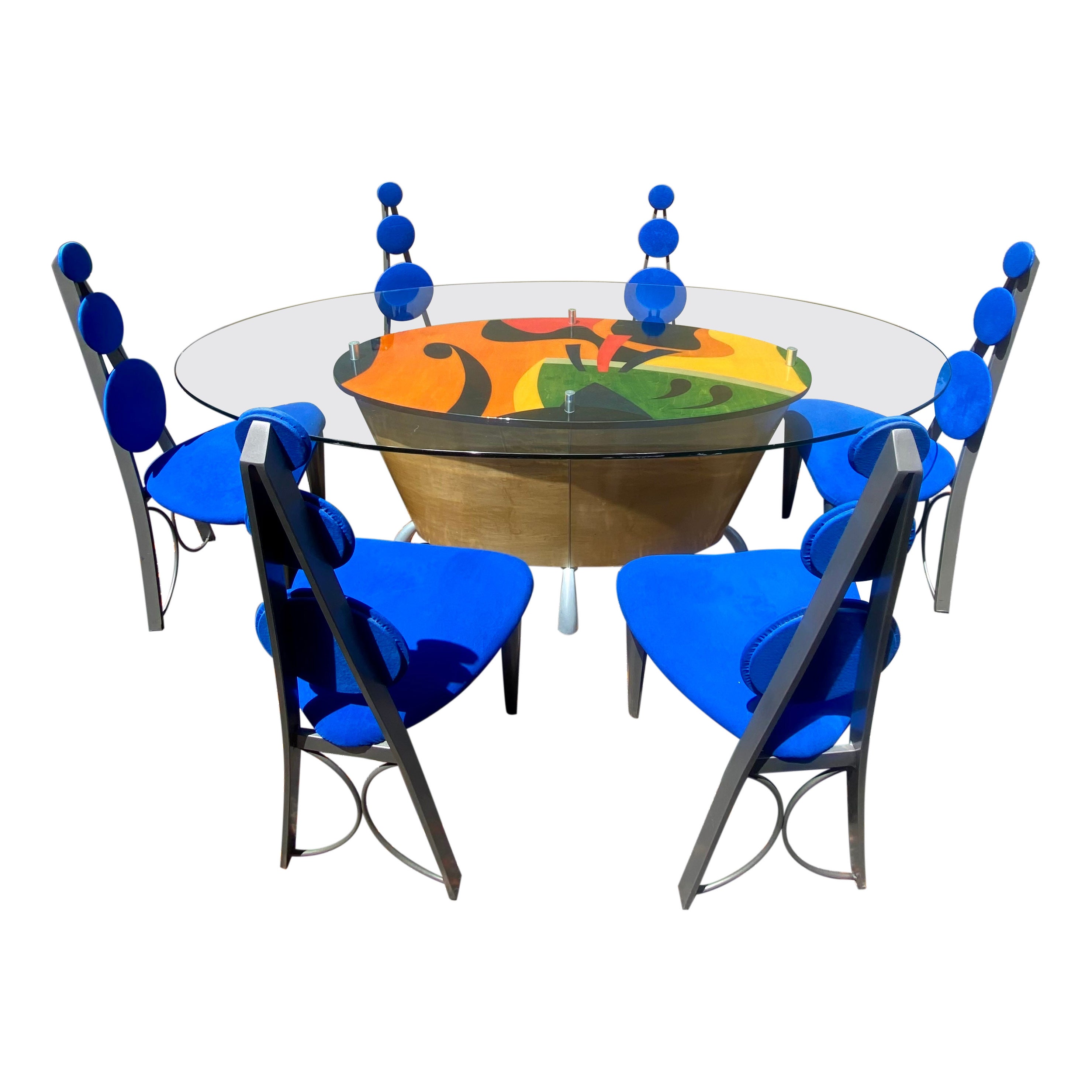 1990s Multi-Colored Sculptural Memphis Style Dining Table & 6 Chairs For Sale
