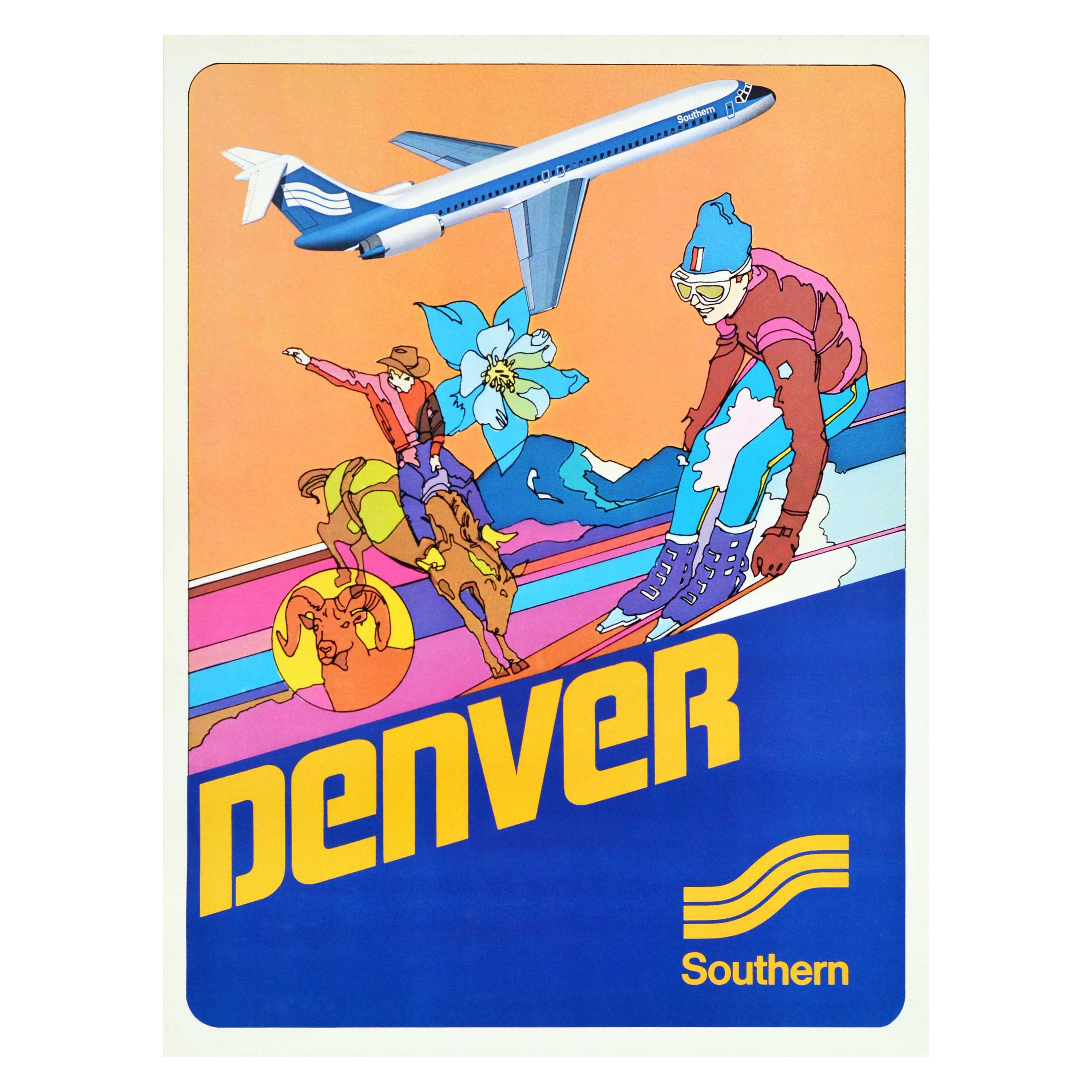 Original-Vintage-Reiseplakat Southern Airways Denver Colorado, Skifahren, Rodeo, Kunst