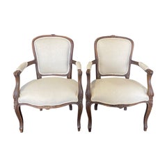 Classic Pair of French Louis XV Walnut Armchairs with New Upholstery