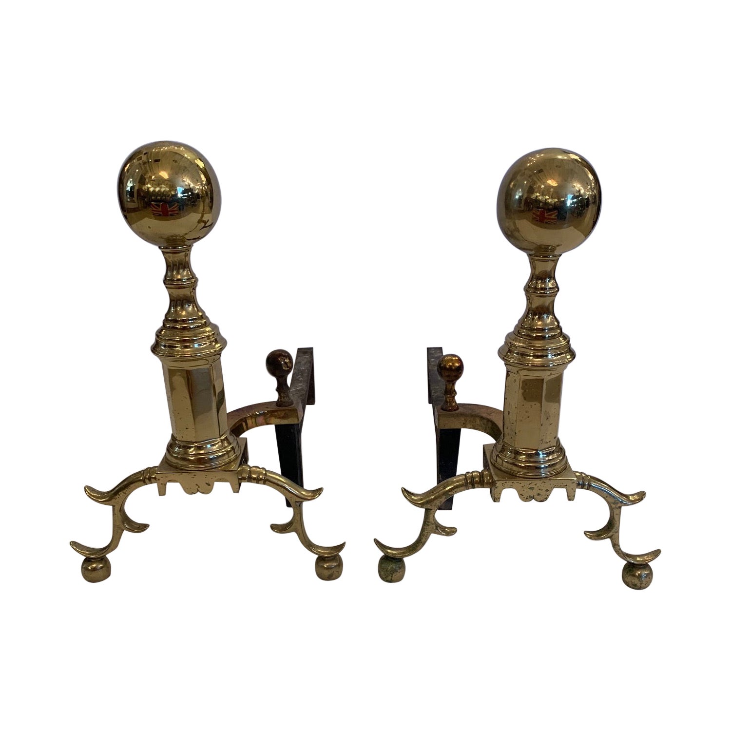 Classic Pair of Cast Brass Cannonball Designed Vintage Andirons For Sale
