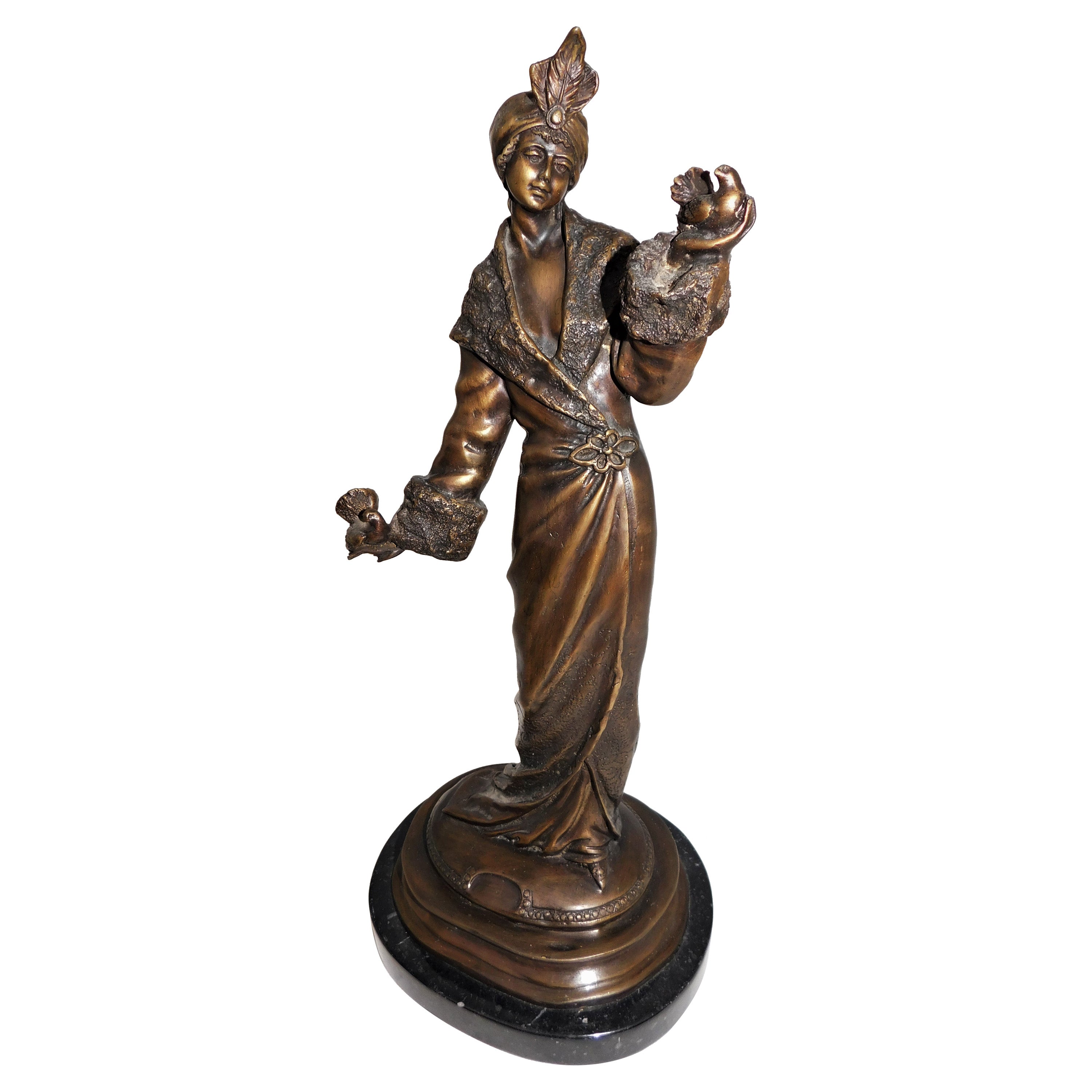 Bronze Art Deco Figurine Sculpture Woman with Doves in Flowing Dress on Marble