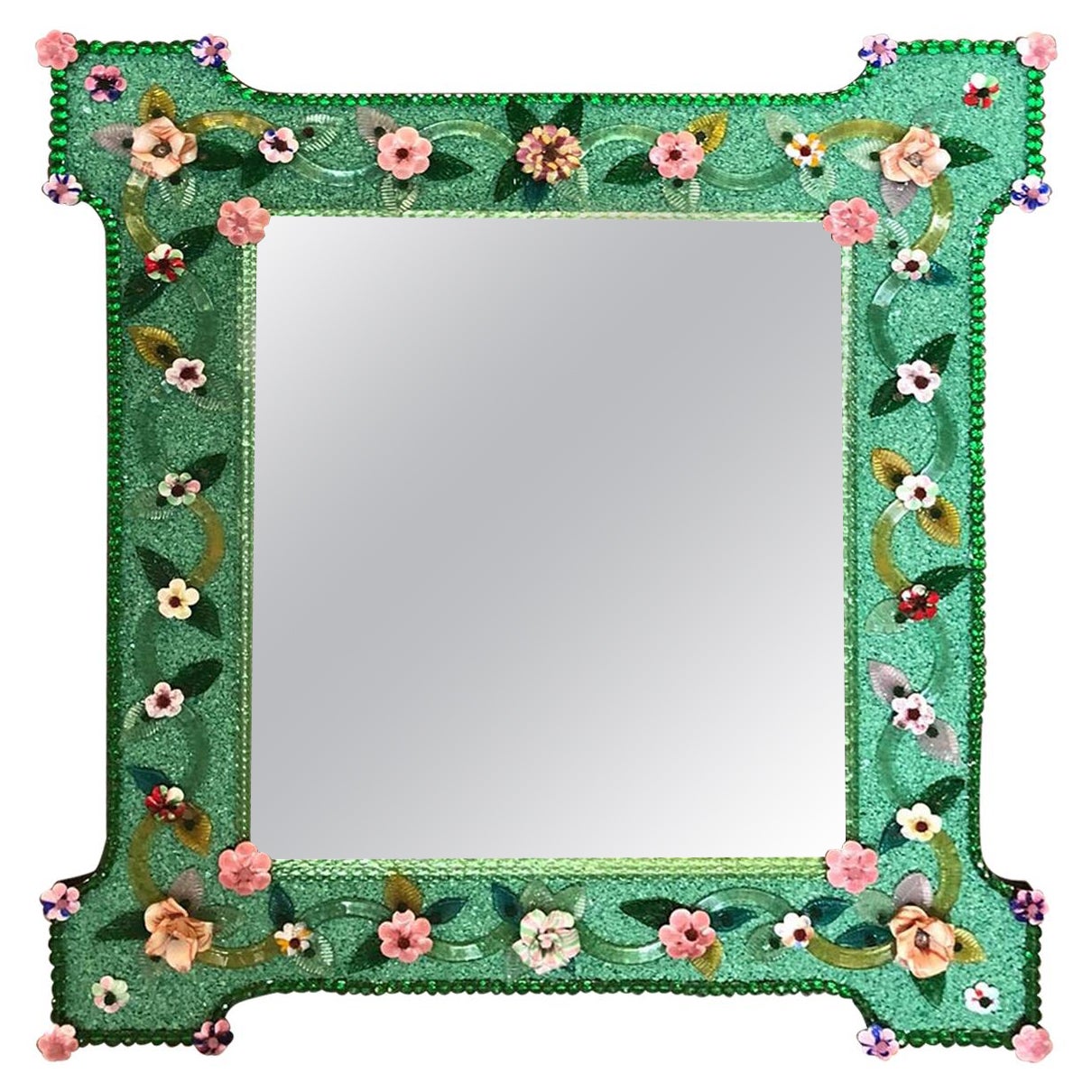 Magnifique miroir vénitien en verre de Murano avec fleurs multicolores