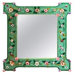 Magnifique miroir vénitien en verre de Murano avec fleurs multicolores