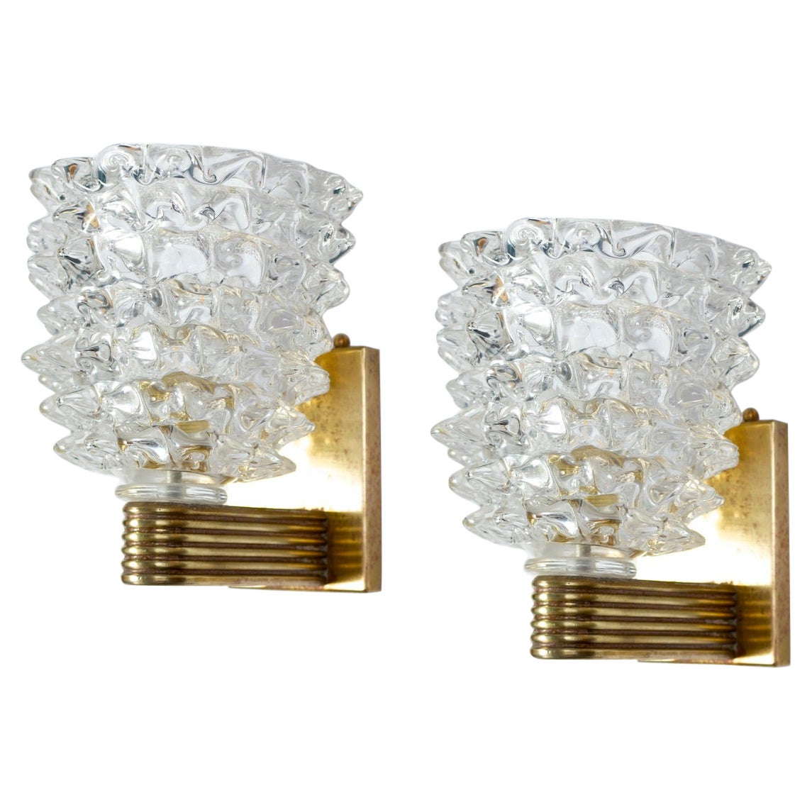 Pair of Barovier Art Deco Rostrato Brass Mounted Murano Glass Sconces 1940'