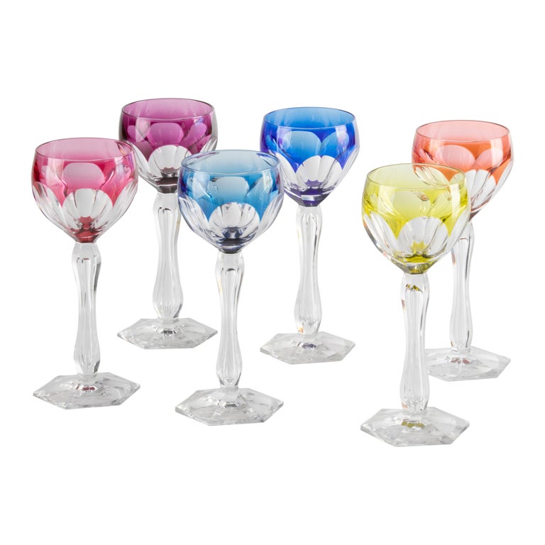 Set of 6 Crystal Colored Wine Glasses Made by Val Saint Lambert For