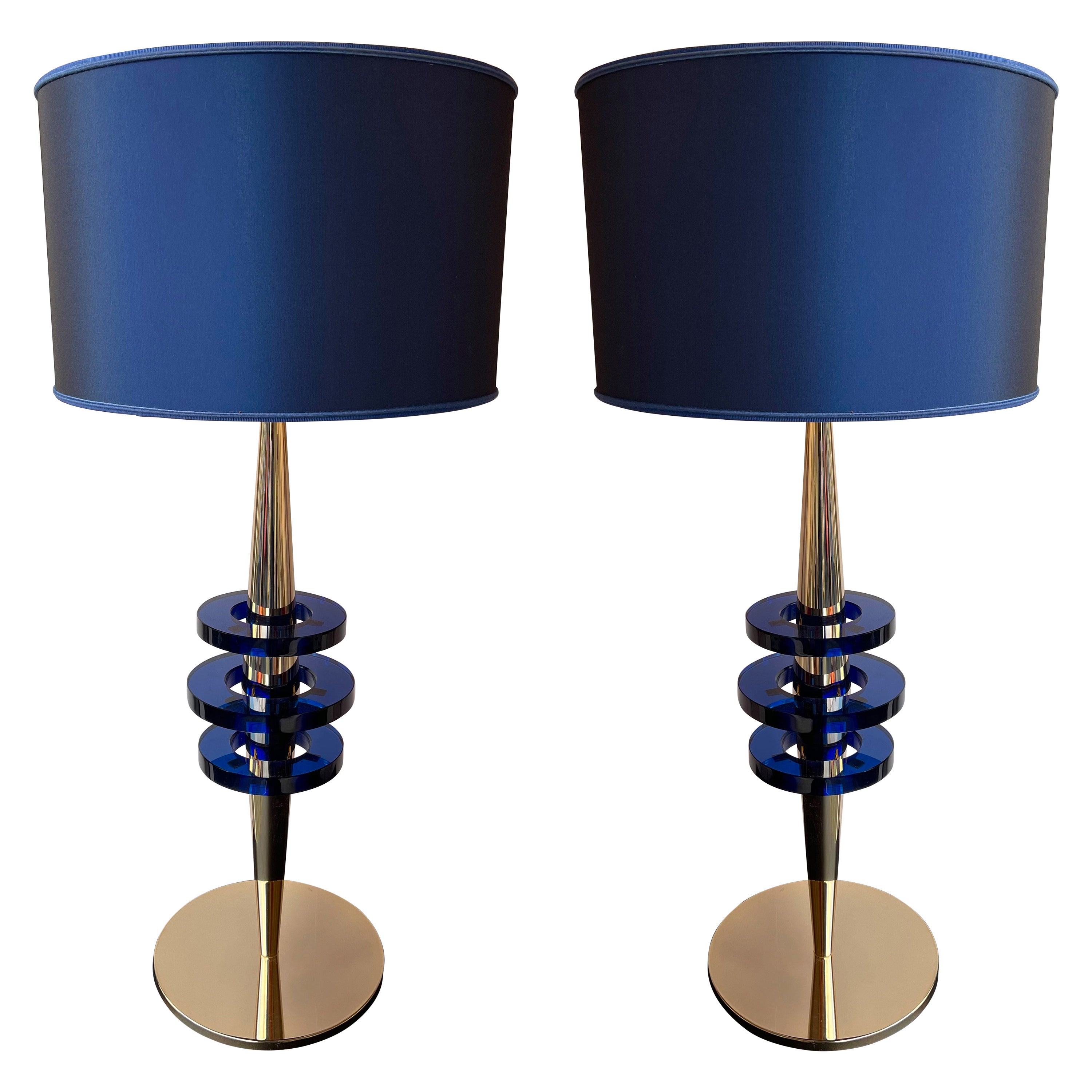 Contemporary Pair of Brass and Blue Murano Glass Disc Lamps, Italy