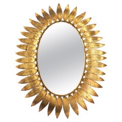 Gilded Metal Oval Mirror with Leaves, Spain 