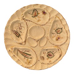 Antique Continental Porcelain Hand-Painted Leaves & Floral Oyster Plate, Ca 1880