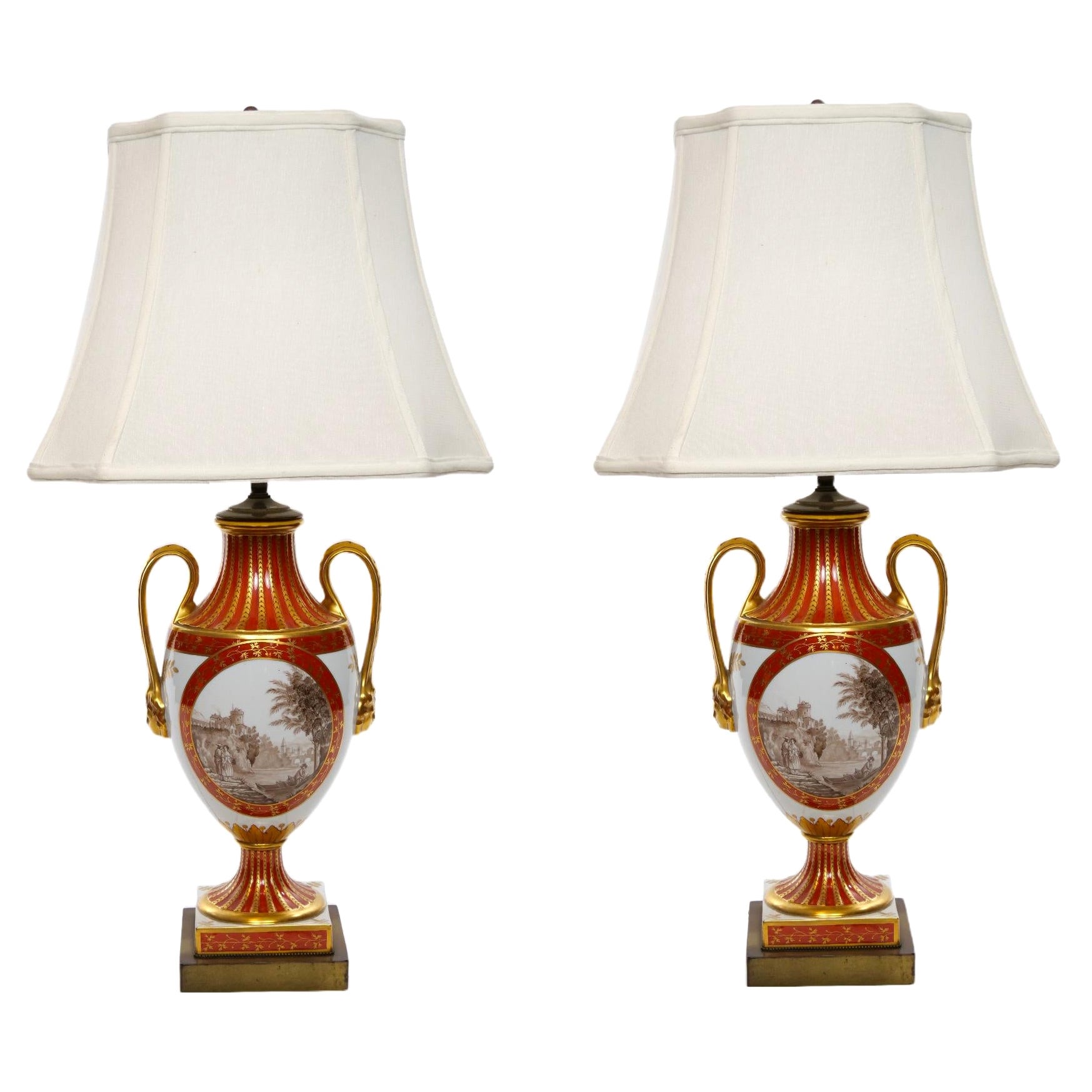 Pair Louis XVI Style French Porcelain / Dore Bronze Table Lamps For Sale