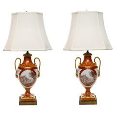 Antique Pair Louis XVI Style French Porcelain / Dore Bronze Table Lamps