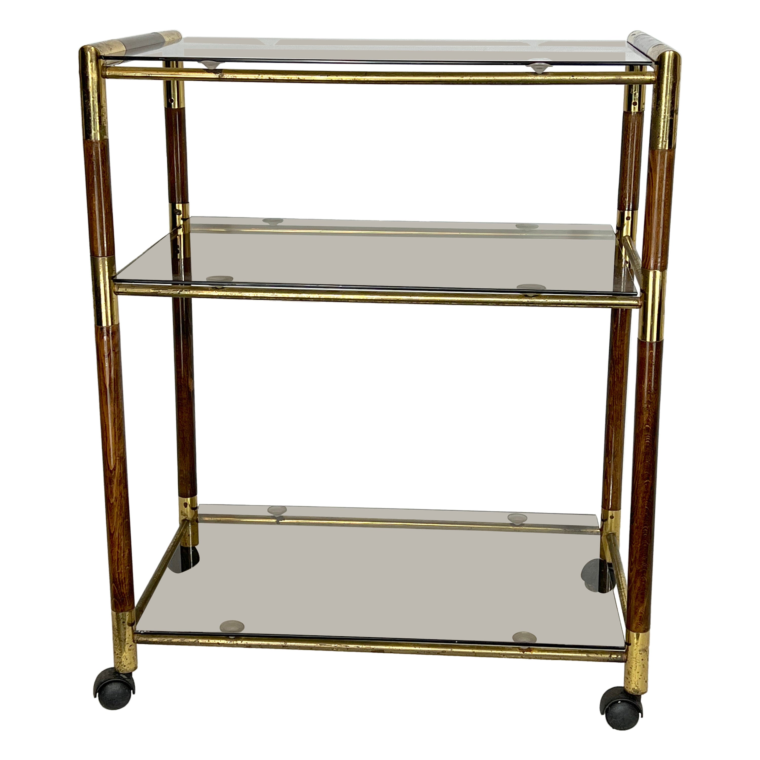 Vintage Three Shelves Brass and Wood Trolley or Bar Cart by Tommaso Barbi, 1970s For Sale