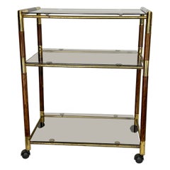 Vintage Three Shelves Brass and Wood Trolley or Bar Cart by Tommaso Barbi, 1970s