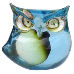 Cenedese Murano Sommerso Green Blue Silver Eyes Italian Art Glass Owl Sculpture