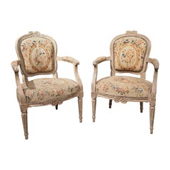 Antique Pair of 18th C. Painted Louis XVI Fauteuils Cabriolet with Tapestry Upholstery