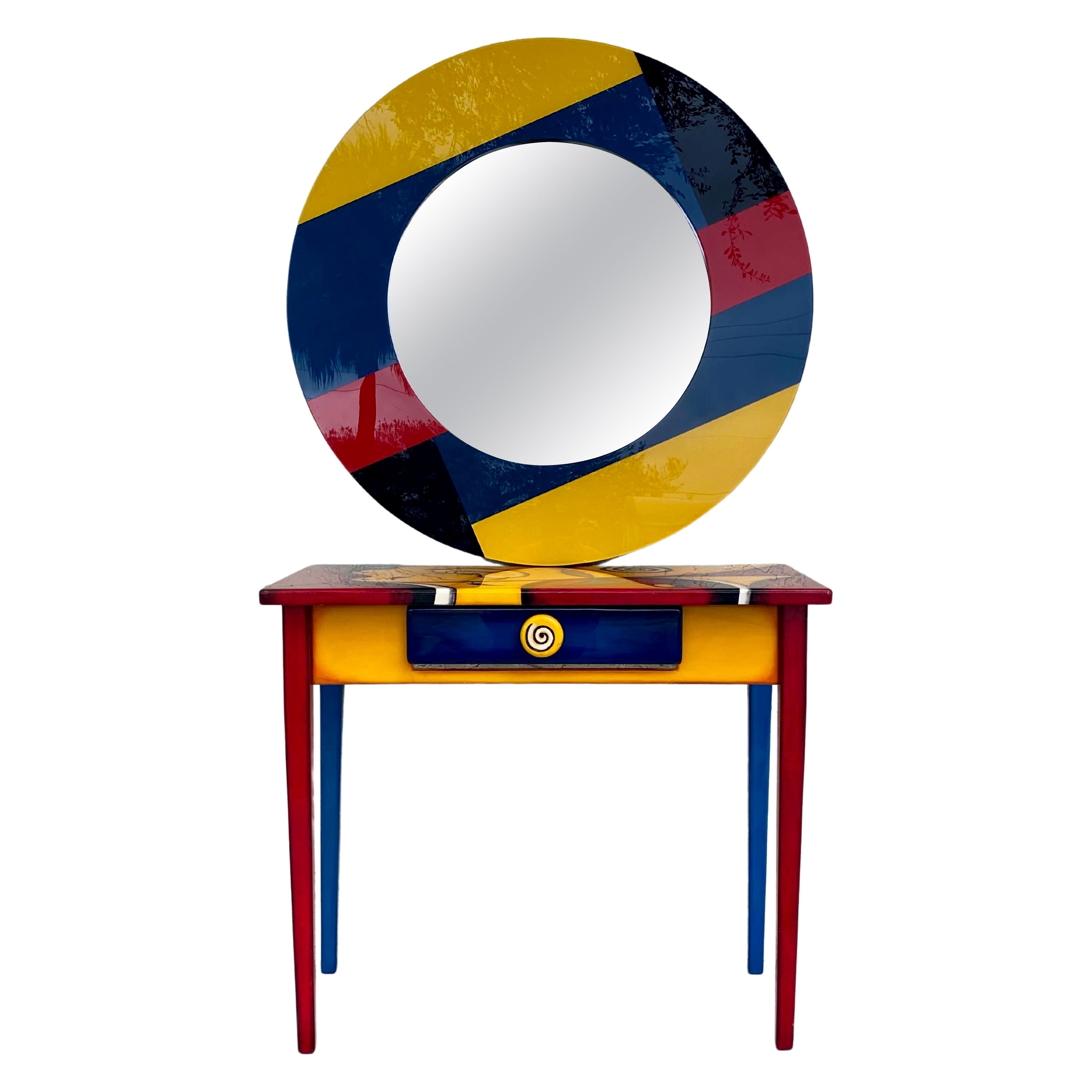 1990s Memphis Style Postmodern Abstract Art Console Desk and Mirror For Sale