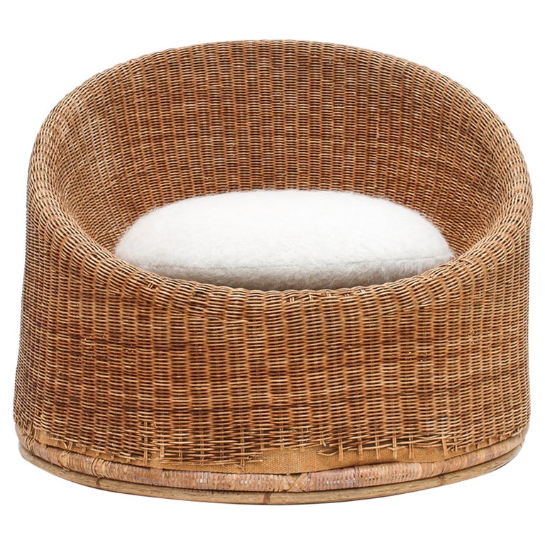 Mid Century Wicker Tub Chair with Pierre Frey Covered Cushion, 1960s