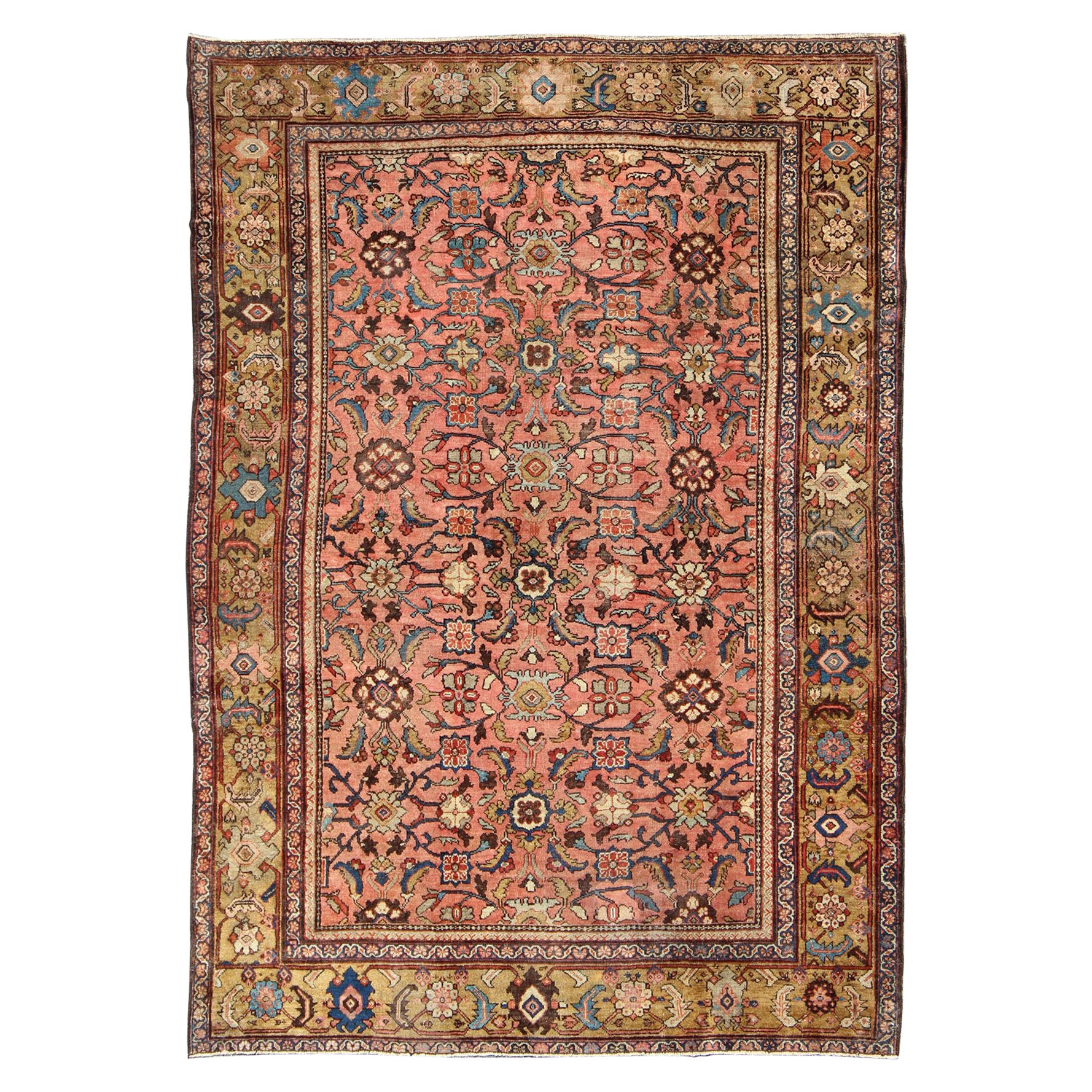   Antique Persian Sultanabad Colorful Rug With All-Over Design in salmon & Gold For Sale