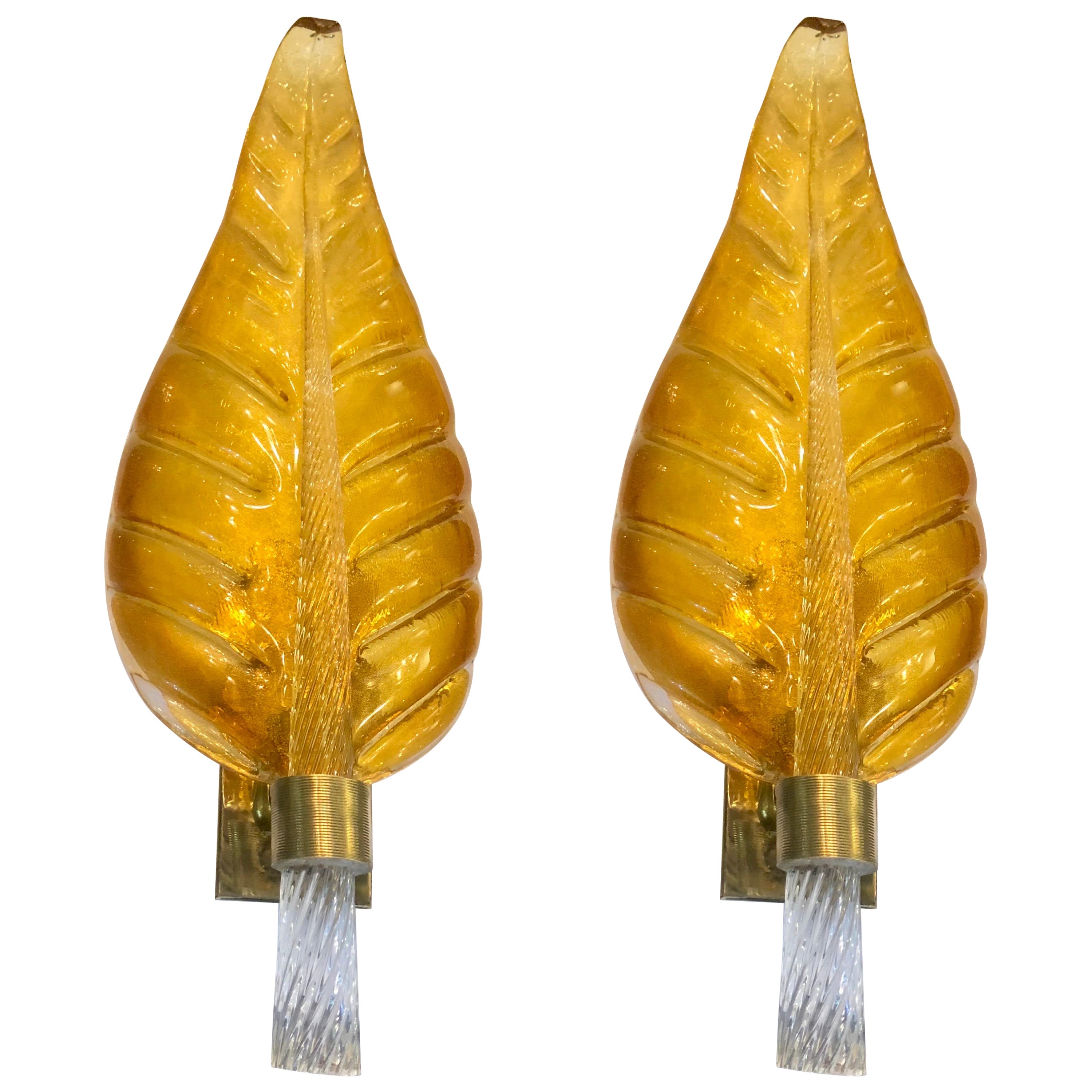 Pair of Mid-Century Modern Murano Glass & Brass Leaf Sconces by Barovier e Toso