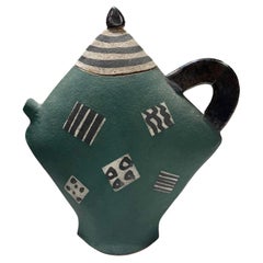 Kazuko Matthews Signed Flattened Postmodernist Stoneware Teapot Vase Vessel