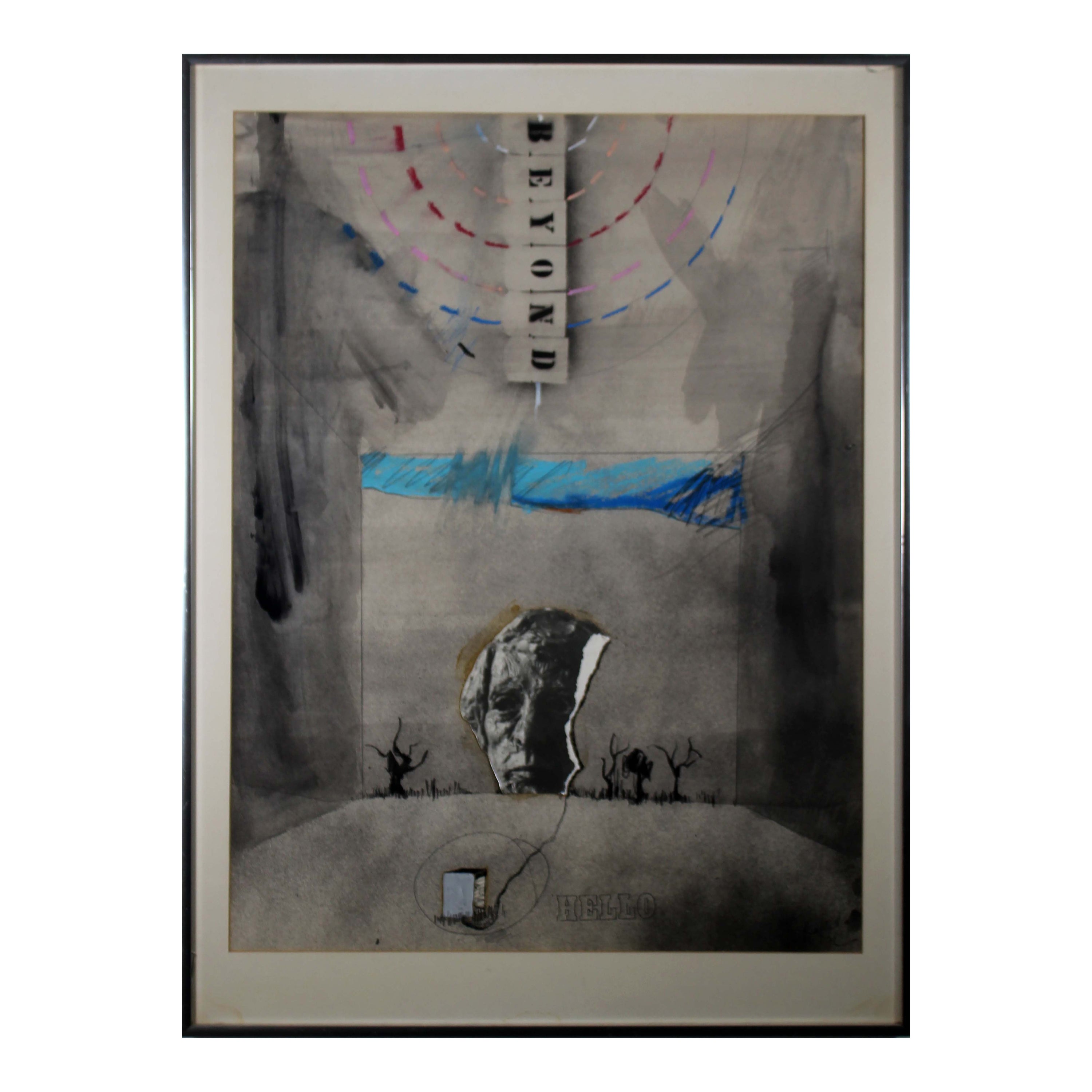 Rafael Mahdavi Beyond/Hello Mid-Century Modern Collage Drawing Framed 1972 For Sale