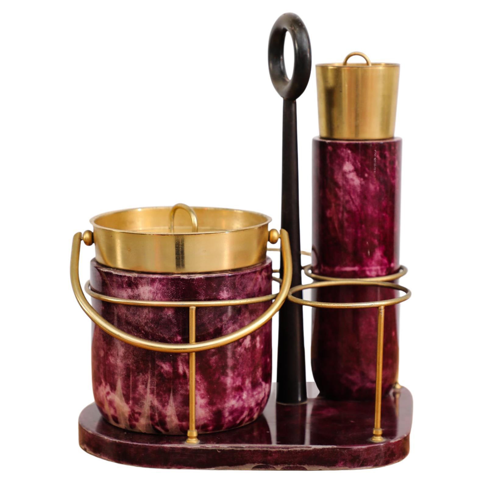 Aldo Tura Purple Dyed Goatskin and Brass Cocktail Set, Italy, 1970 For Sale