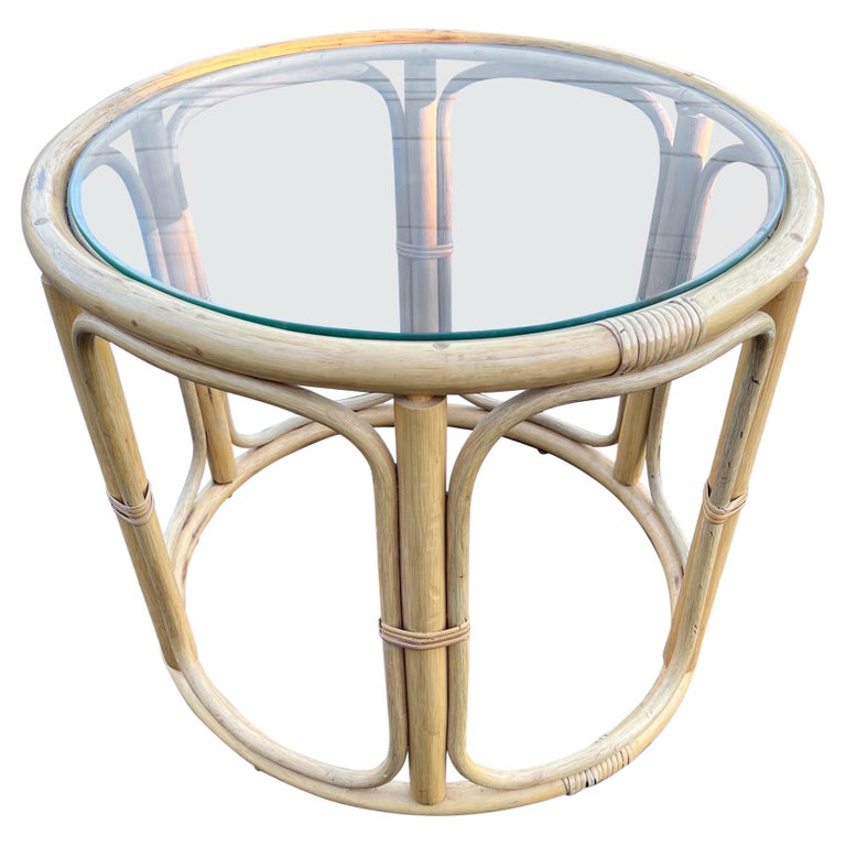 Round Rattan and Faux Bamboo Side Table For Sale at 1stDibs