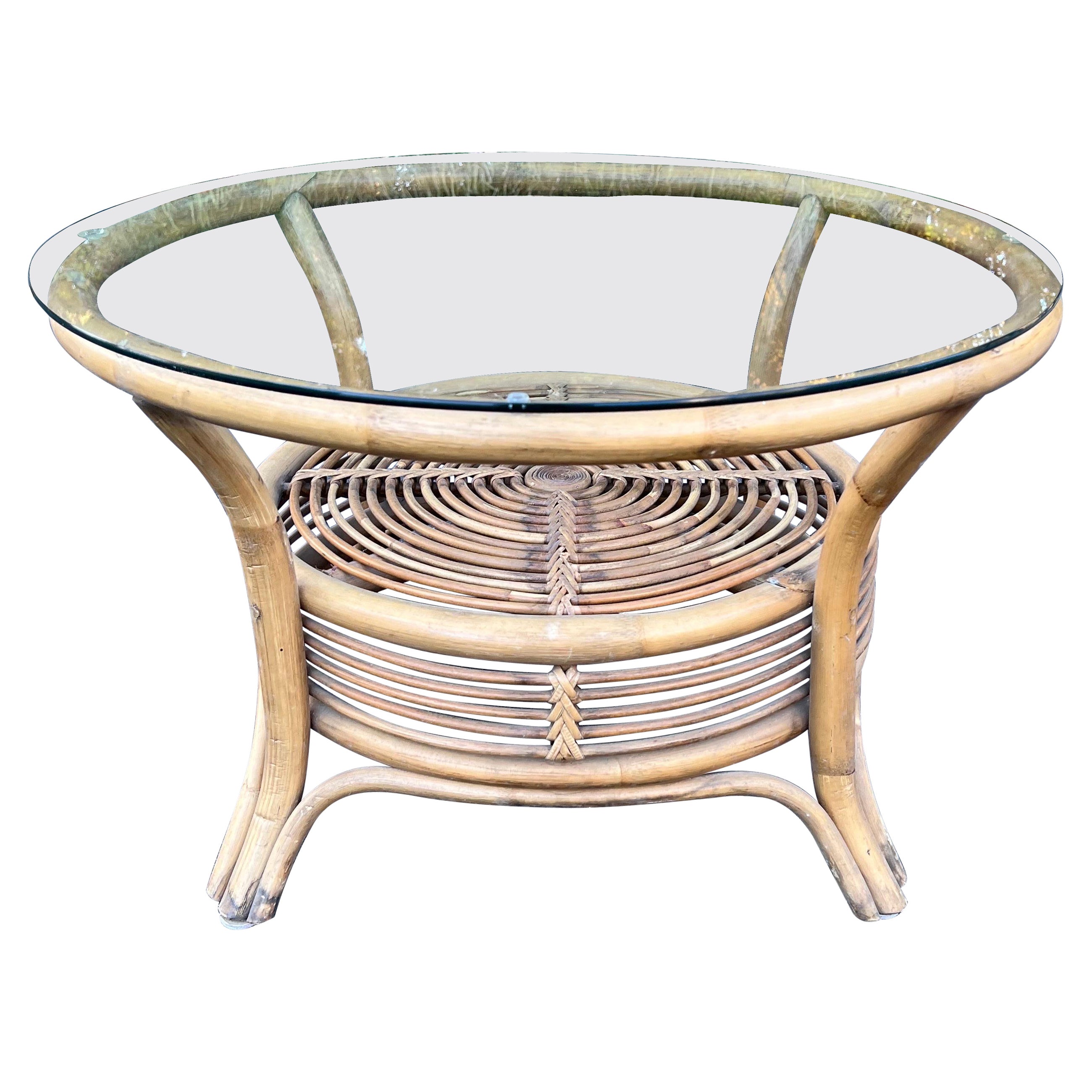 Italian Style Rattan and Bamboo Coffee Table with Glass Top