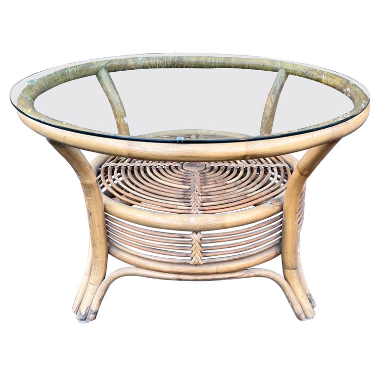 Italian Style Rattan and Bamboo Coffee Table with Glass Top For Sale at