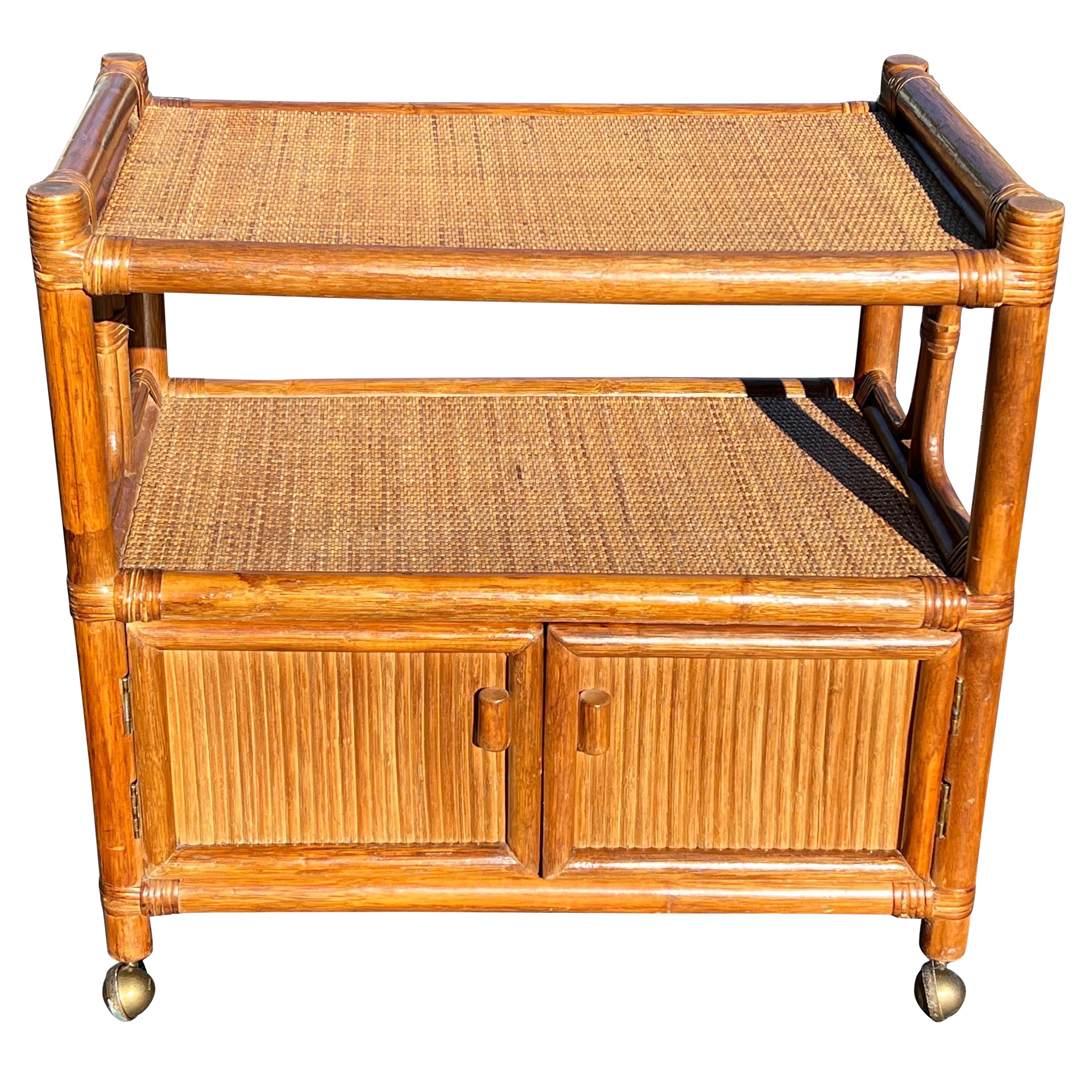 Boho Chic Rattan and Wicker Bar Cart For Sale