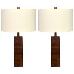 Vintage Martz Pair of Solid Stacked Walnut Table Lamps for Marshall Studios