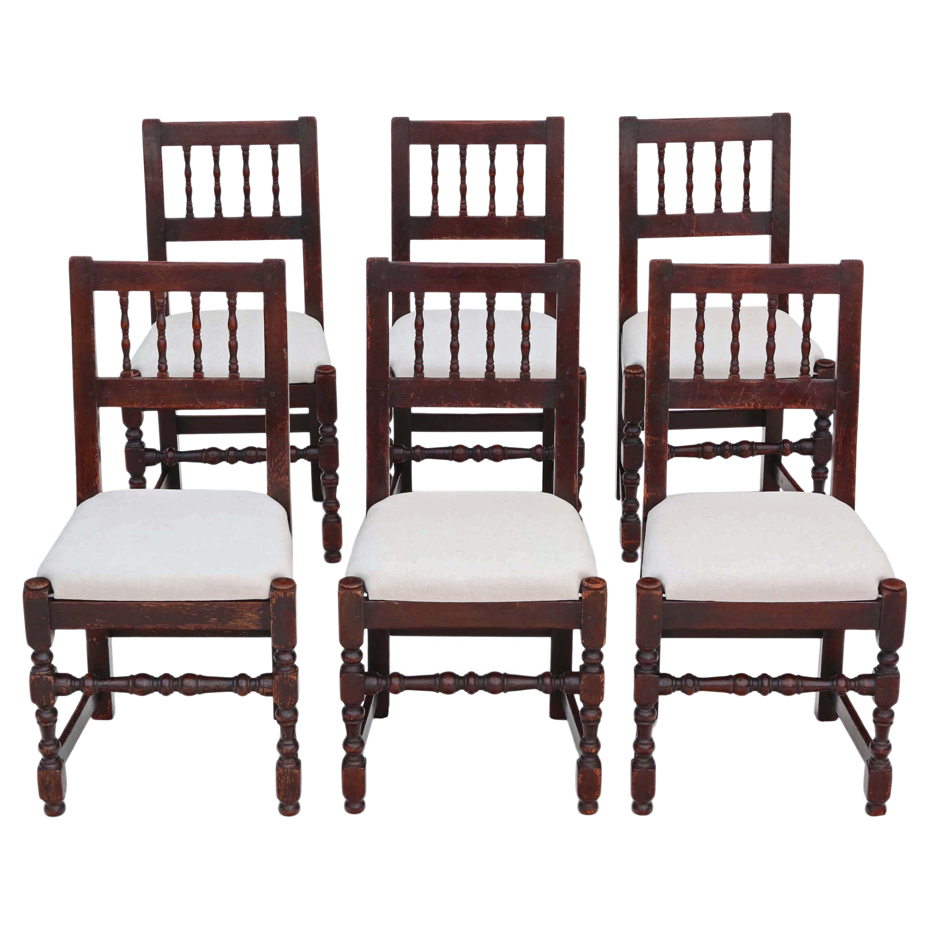 Antique quality set of 6 19th Century rustic oak kitchen dining chairs