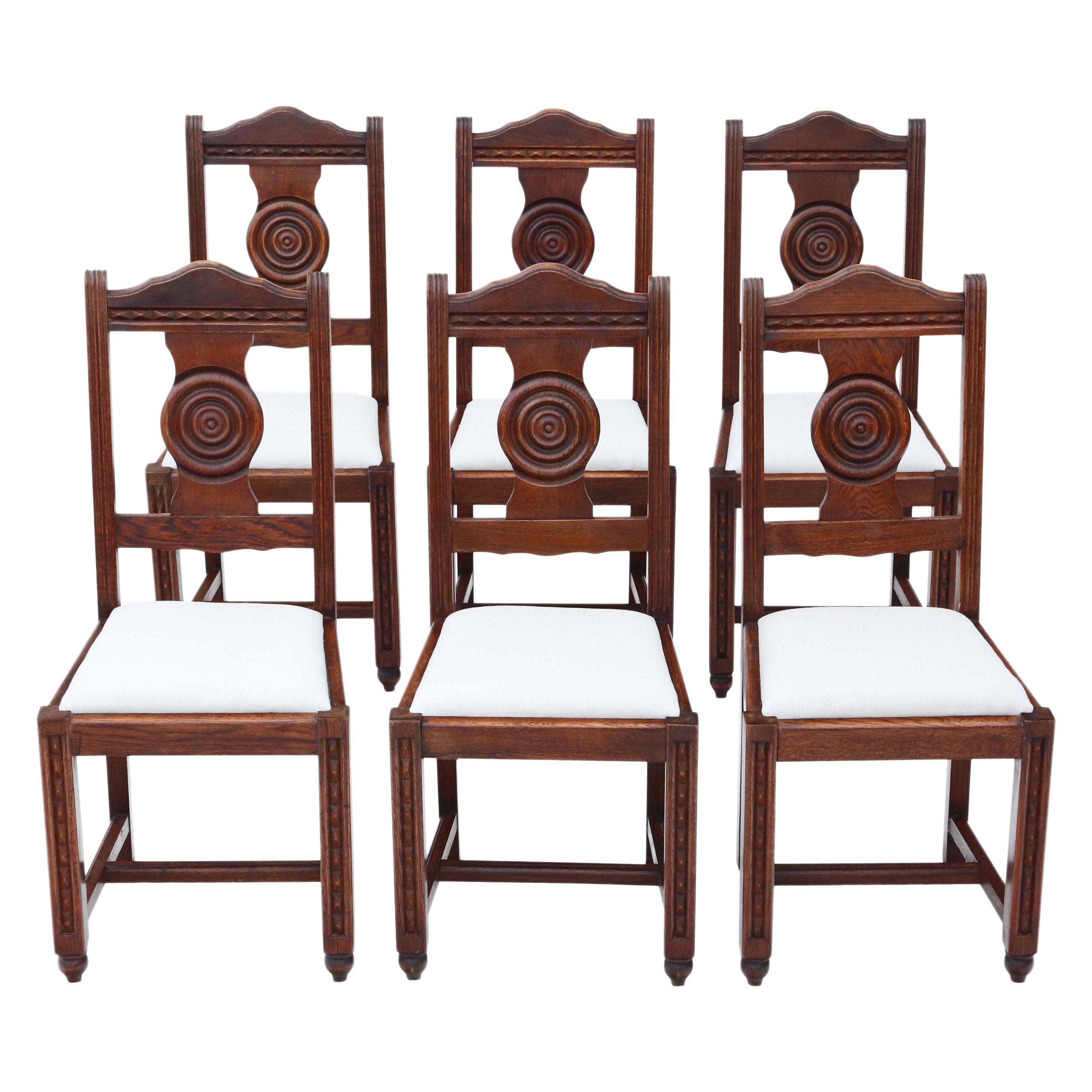 Antique quality set of 6 oak Art Nouveau dining chairs C1915