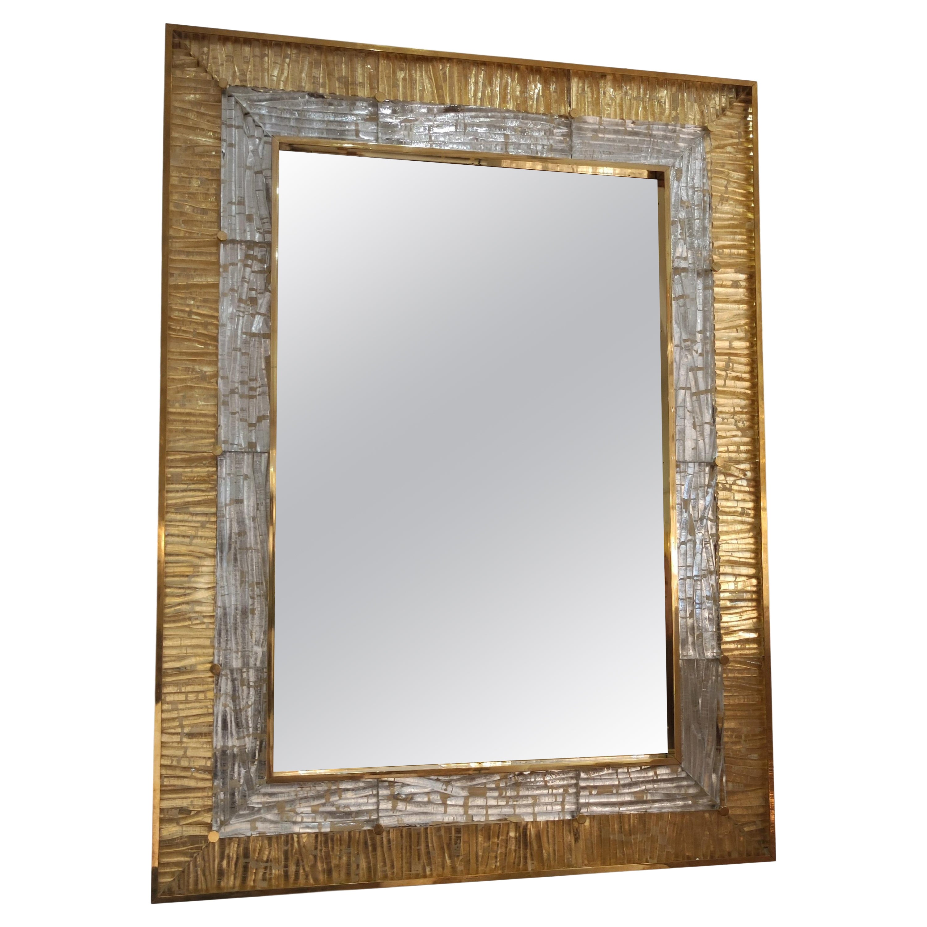 Gold and Crystal Murano Glass and Brass Mirror For Sale