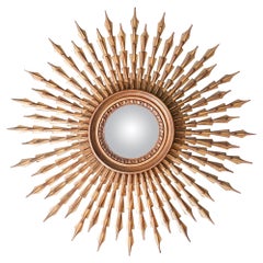 Vintage Portuguese Sunburst Gilded Wood Convex Mirror, 1950s