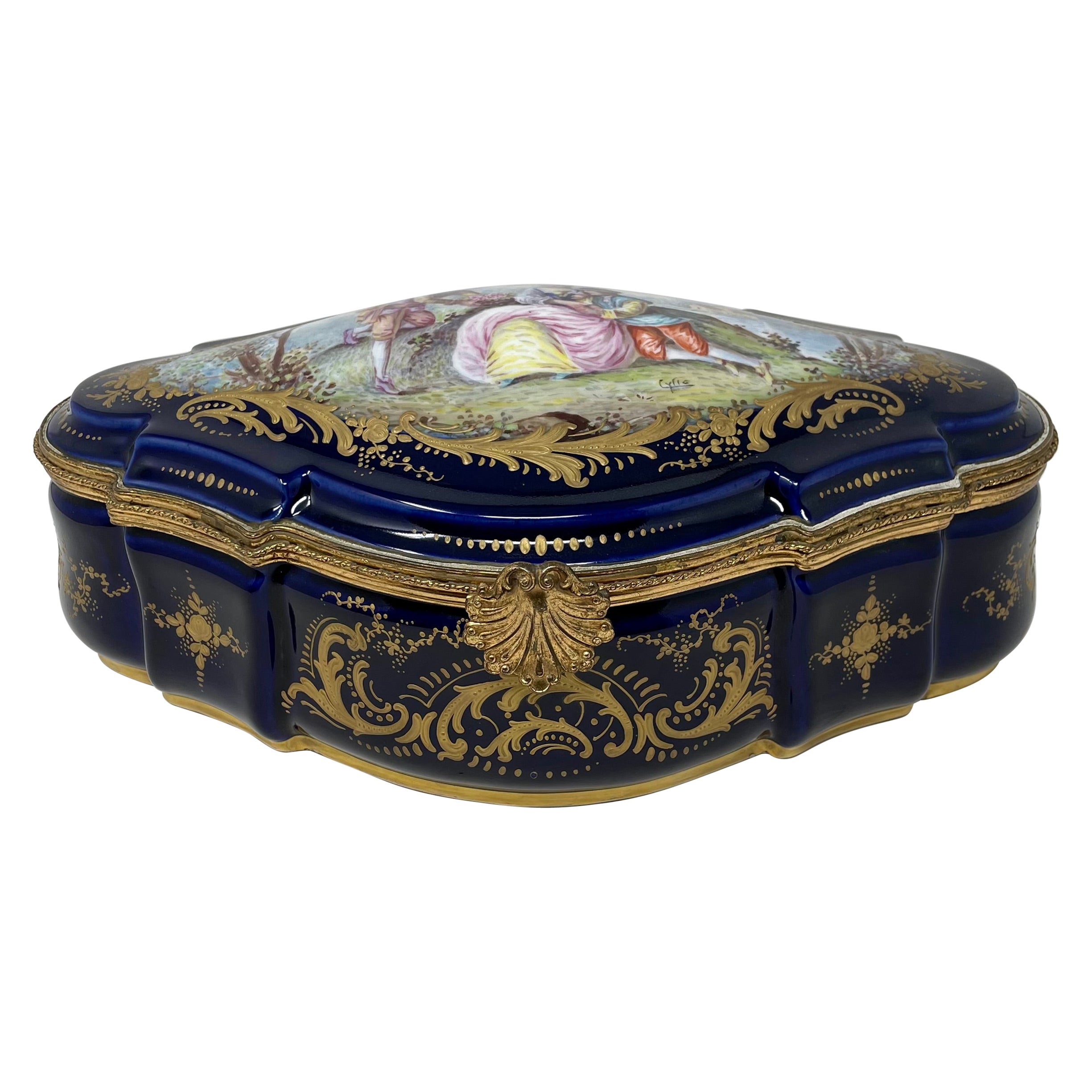 Antique French Sevres Porcelain Cobalt Blue & Gold Box, Circa 1900. For Sale