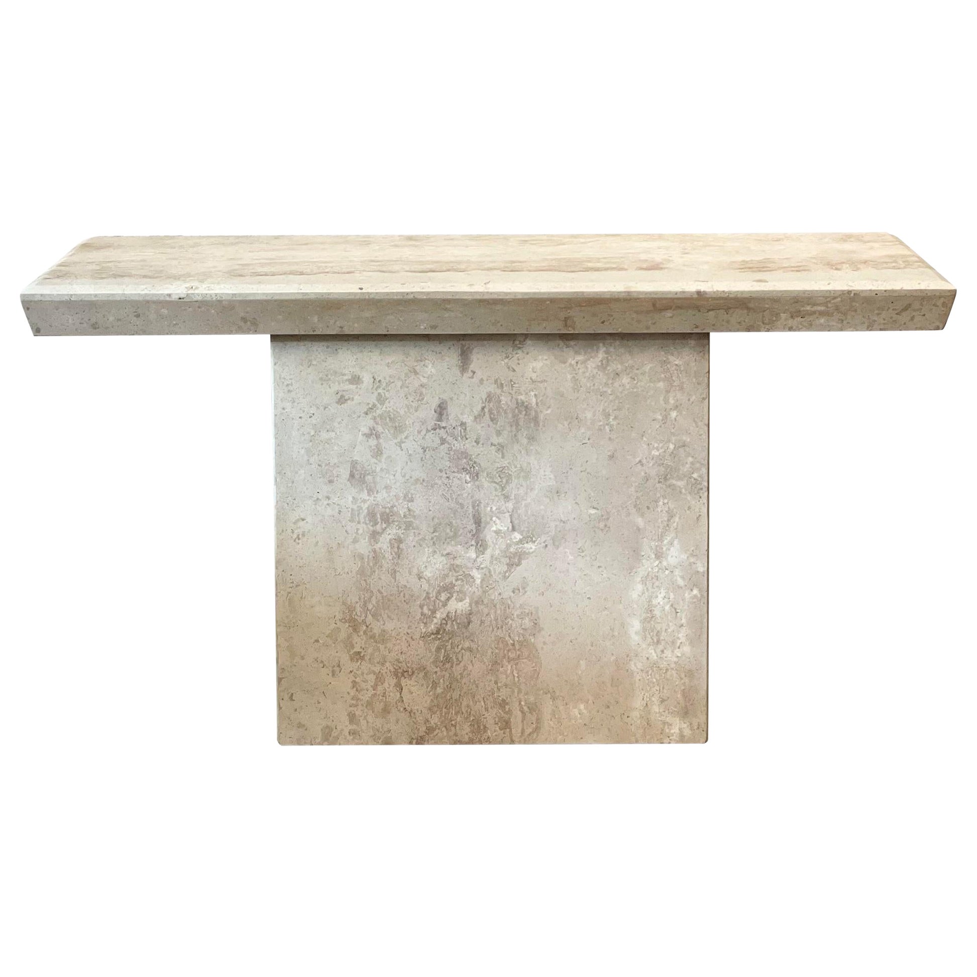 1980s Travertine Postmodern Vintage Angled Edge Console Sofa Table For Sale